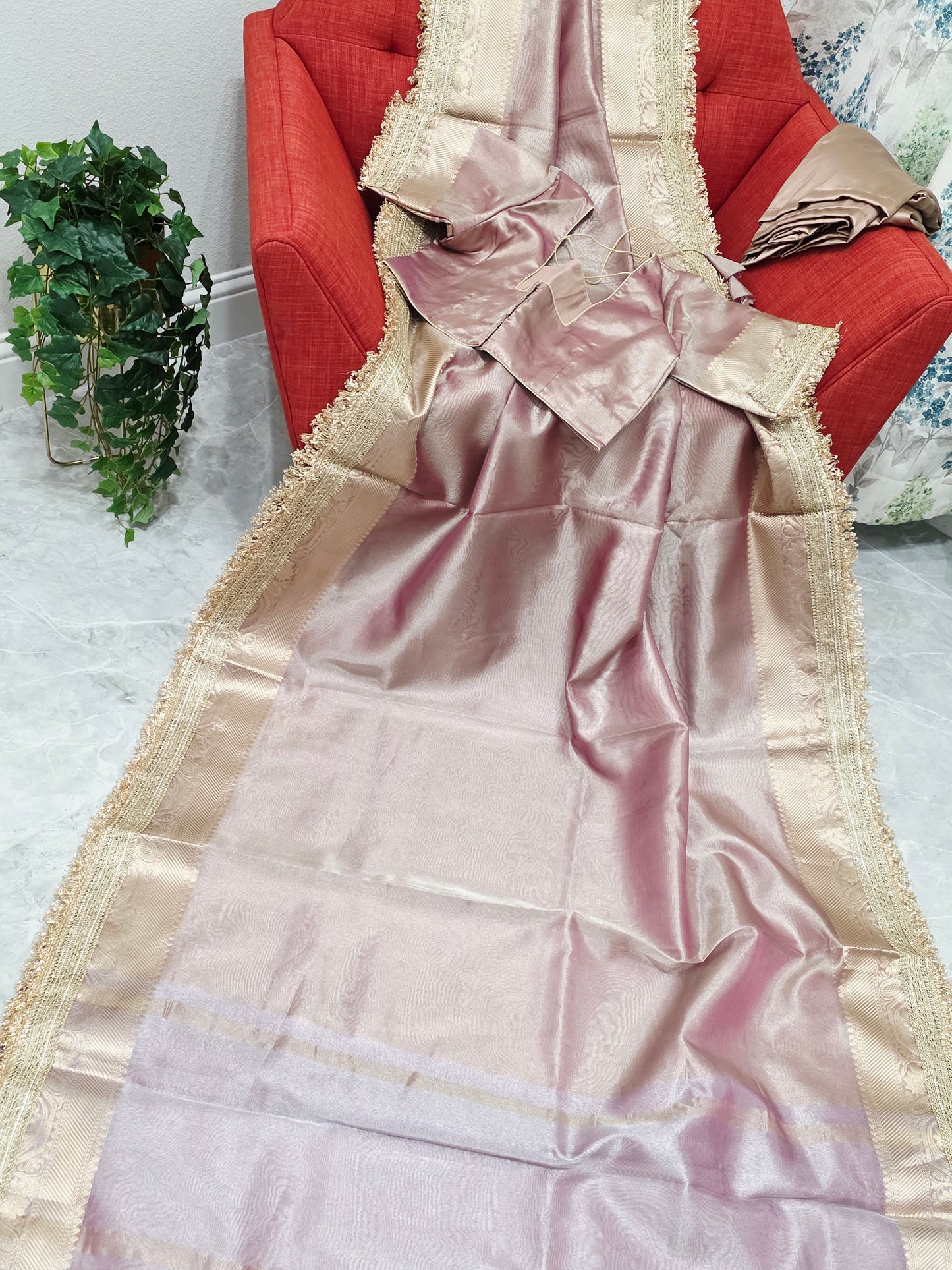 Maharani Style Dusty Rose Pink Semi Tissue Saree with Stitched Blouse & Satin Petticoat