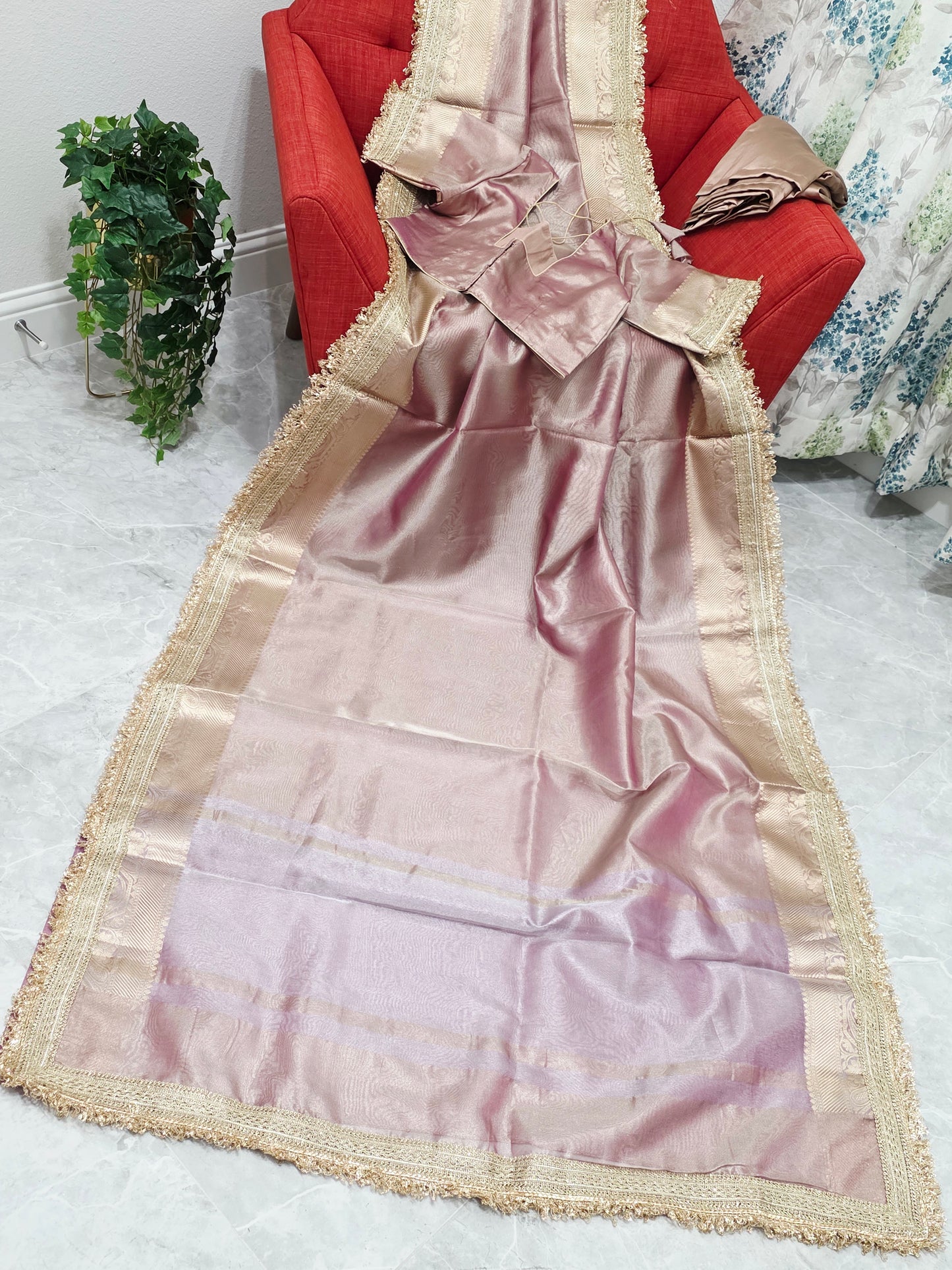 Maharani Style Dusty Rose Pink Semi Tissue Saree with Stitched Blouse & Satin Petticoat