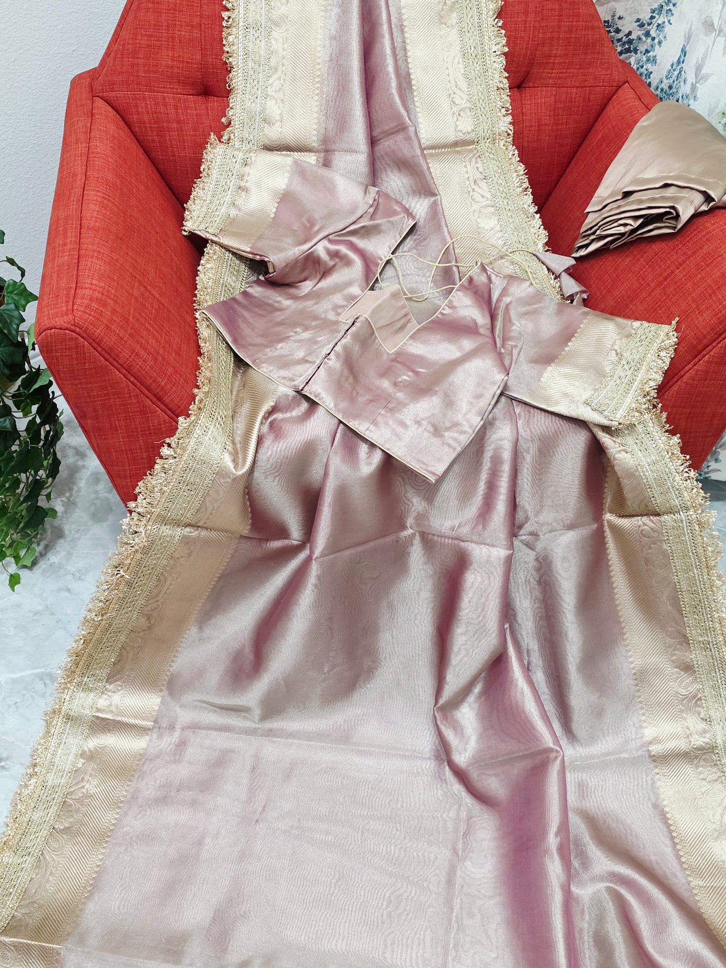 Maharani Style Dusty Rose Pink Semi Tissue Saree with Stitched Blouse & Satin Petticoat
