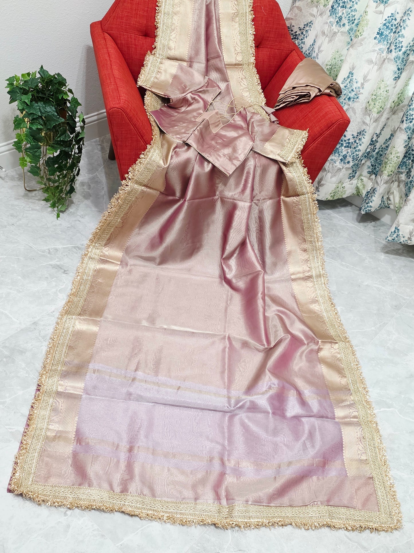 Maharani Style Dusty Rose Pink Semi Tissue Saree with Stitched Blouse & Satin Petticoat