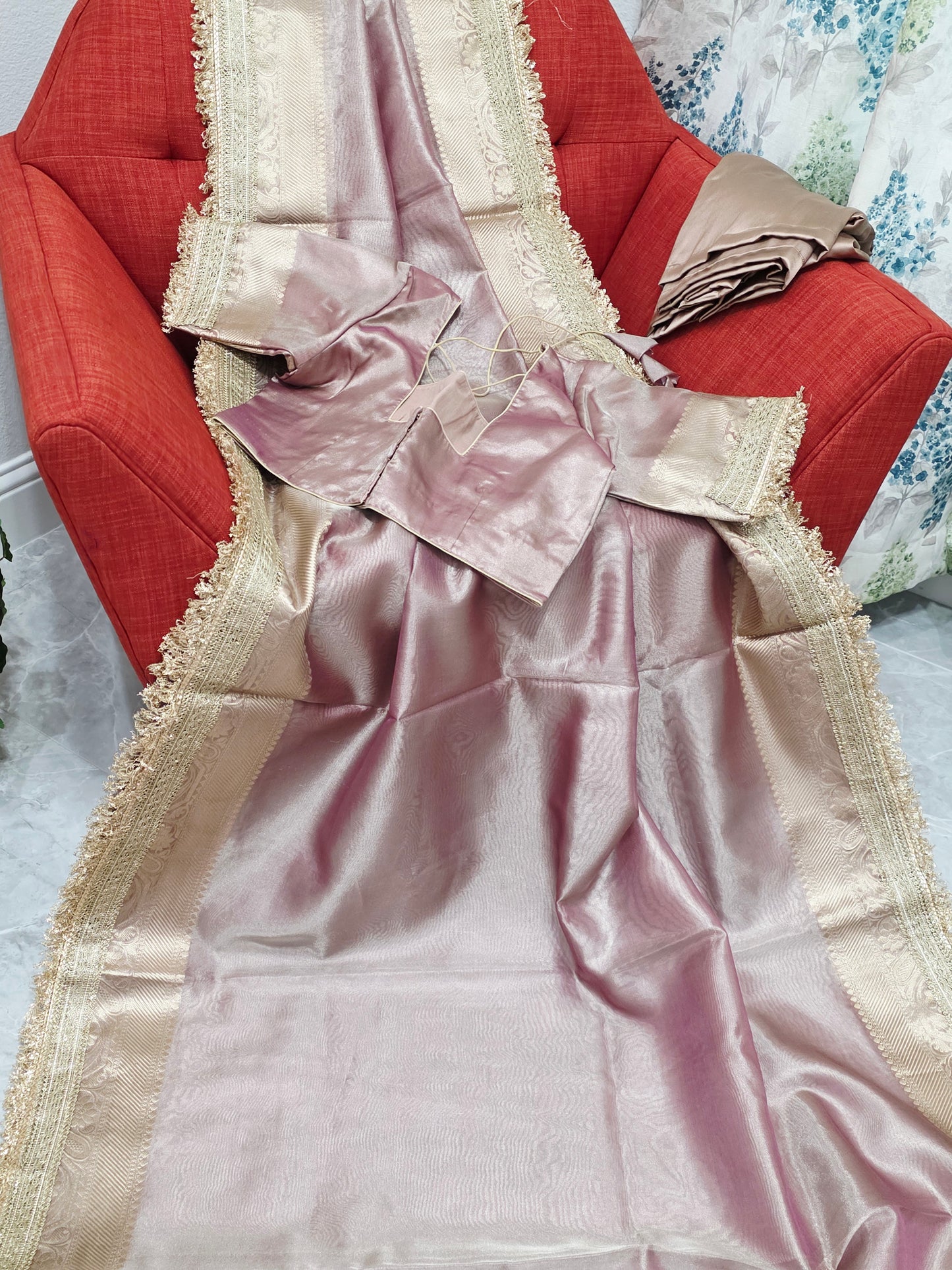 Maharani Style Dusty Rose Pink Semi Tissue Saree with Stitched Blouse & Satin Petticoat