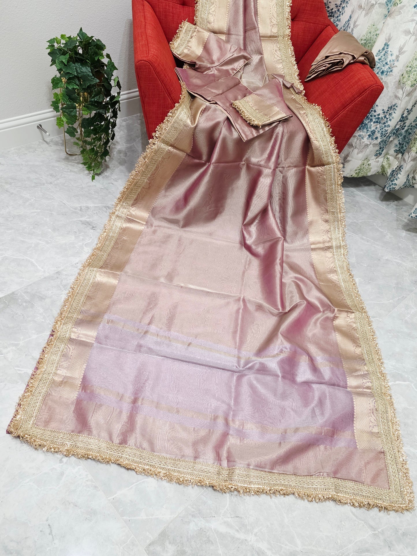 Maharani Style Dusty Rose Pink Semi Tissue Saree with Stitched Blouse & Satin Petticoat