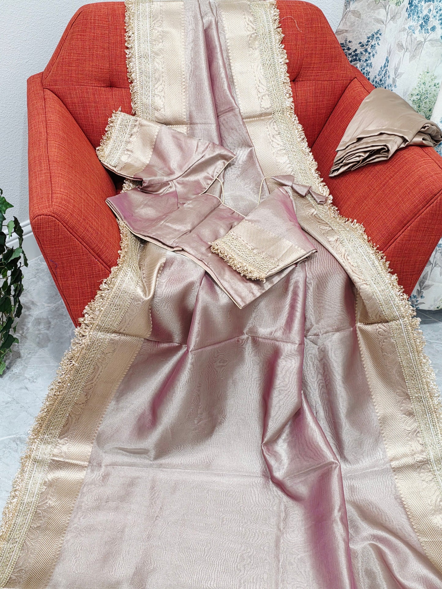 Maharani Style Dusty Rose Pink Semi Tissue Saree with Stitched Blouse & Satin Petticoat