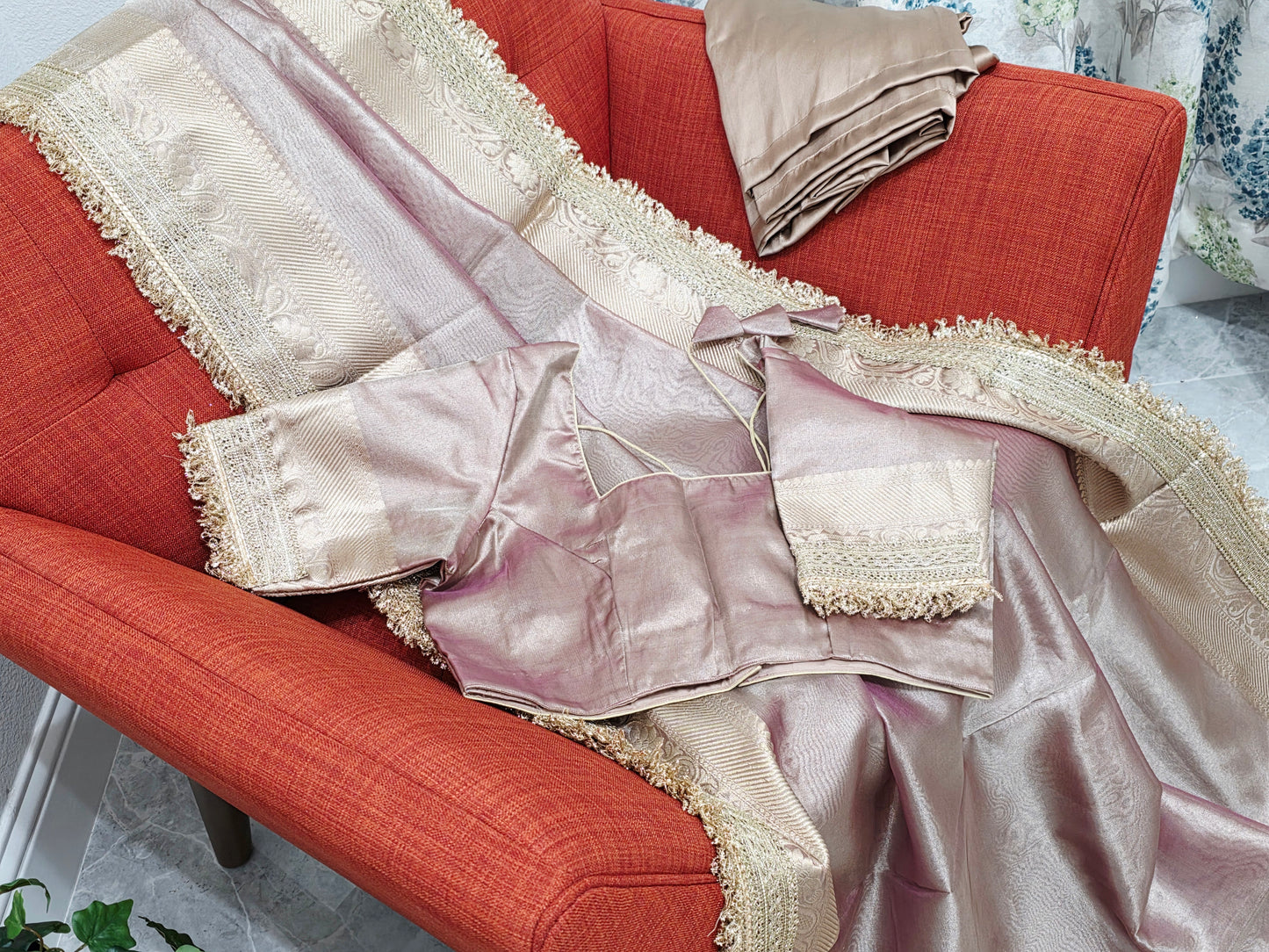 Maharani Style Dusty Rose Pink Semi Tissue Saree with Stitched Blouse & Satin Petticoat