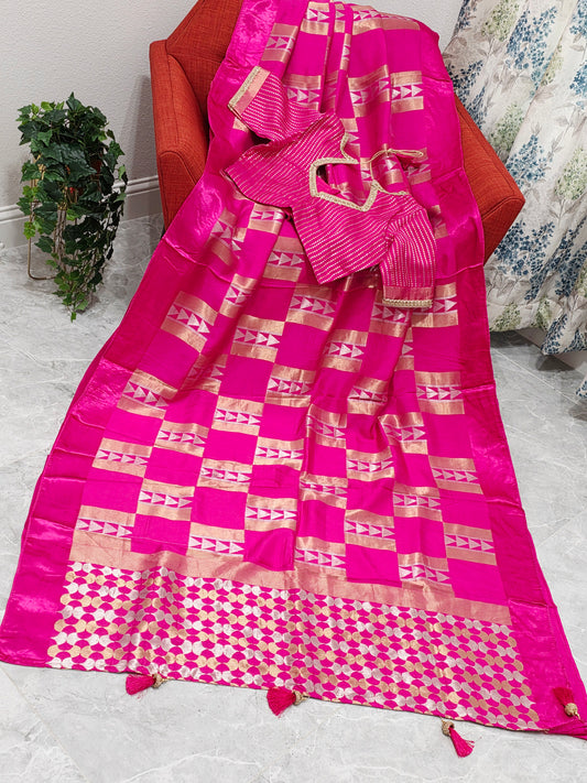 Russian Dola Crepe Silk Saree with Geometric Zari Woven Design & Ready Stitched Blouse | Pink