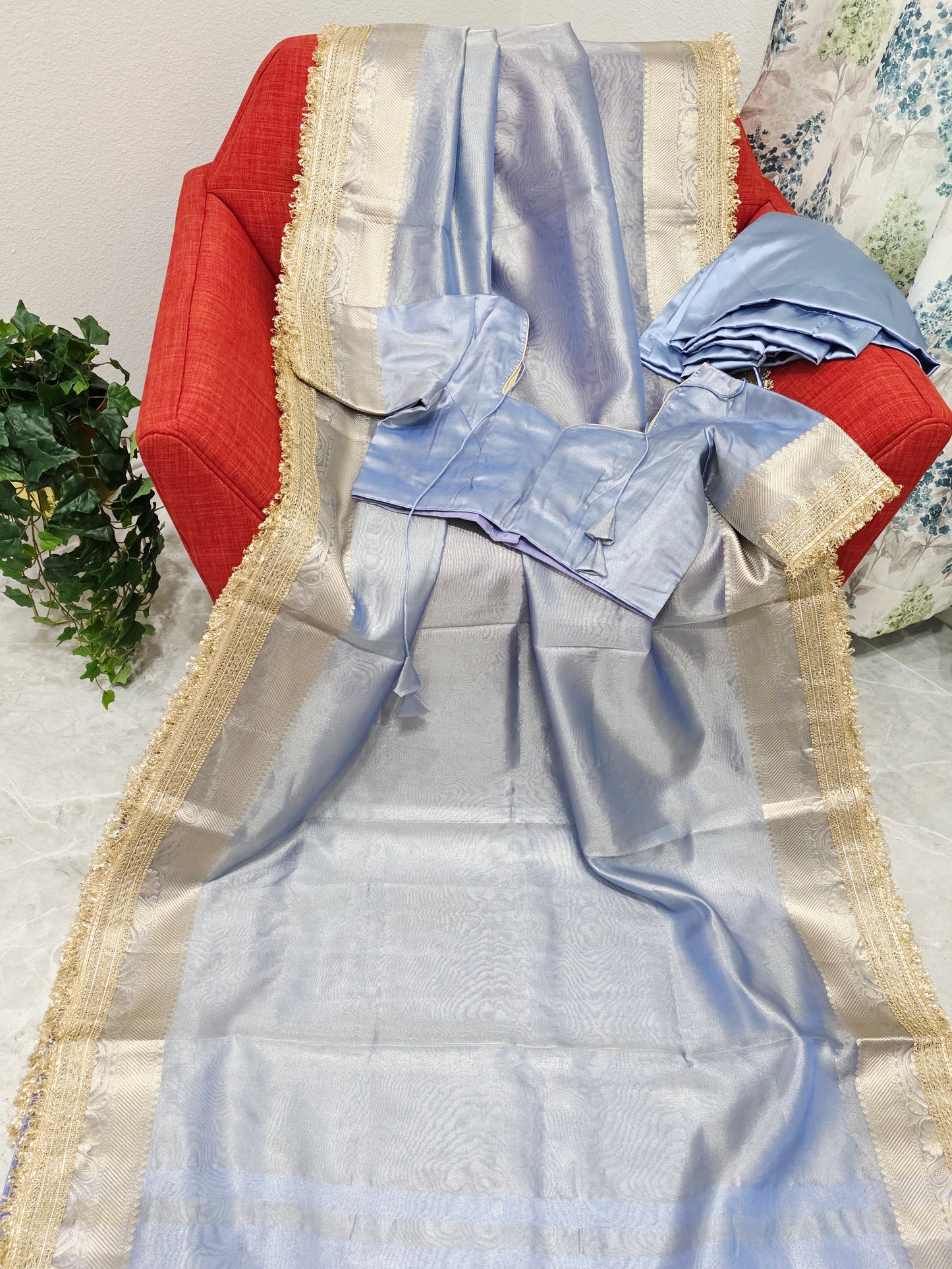 Maharani Style Powder Blue Semi Tissue Saree with Stitched Blouse & Satin Petticoat