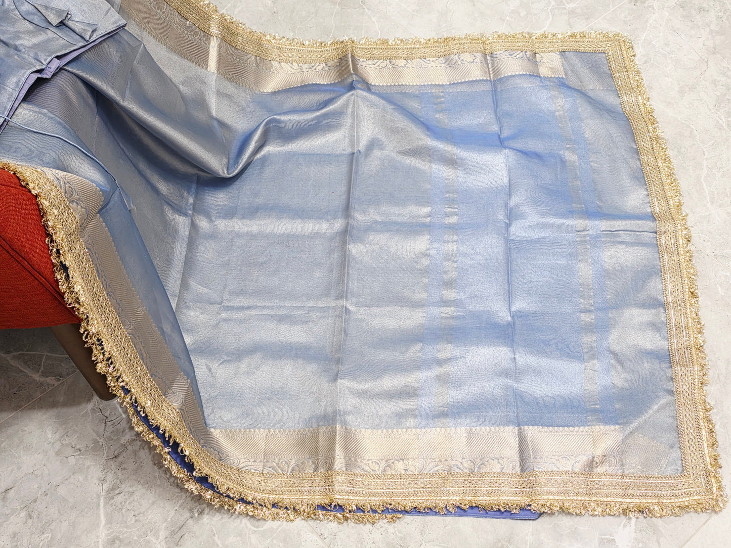 Maharani Style Powder Blue Semi Tissue Saree with Stitched Blouse & Satin Petticoat
