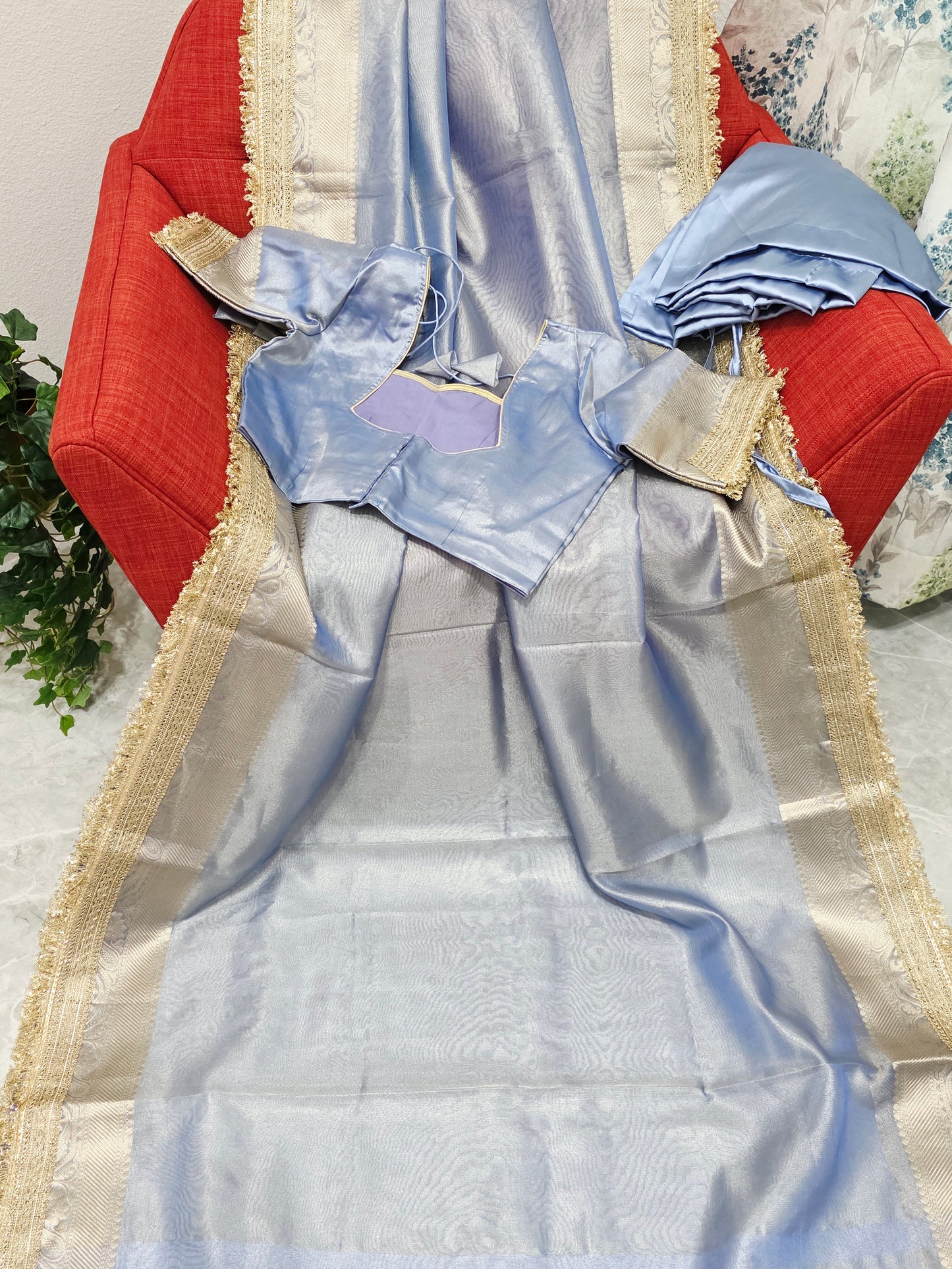 Maharani Style Powder Blue Semi Tissue Saree with Stitched Blouse & Satin Petticoat