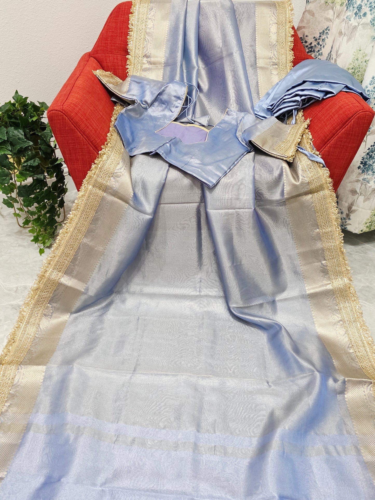 Maharani Style Powder Blue Semi Tissue Saree with Stitched Blouse & Satin Petticoat