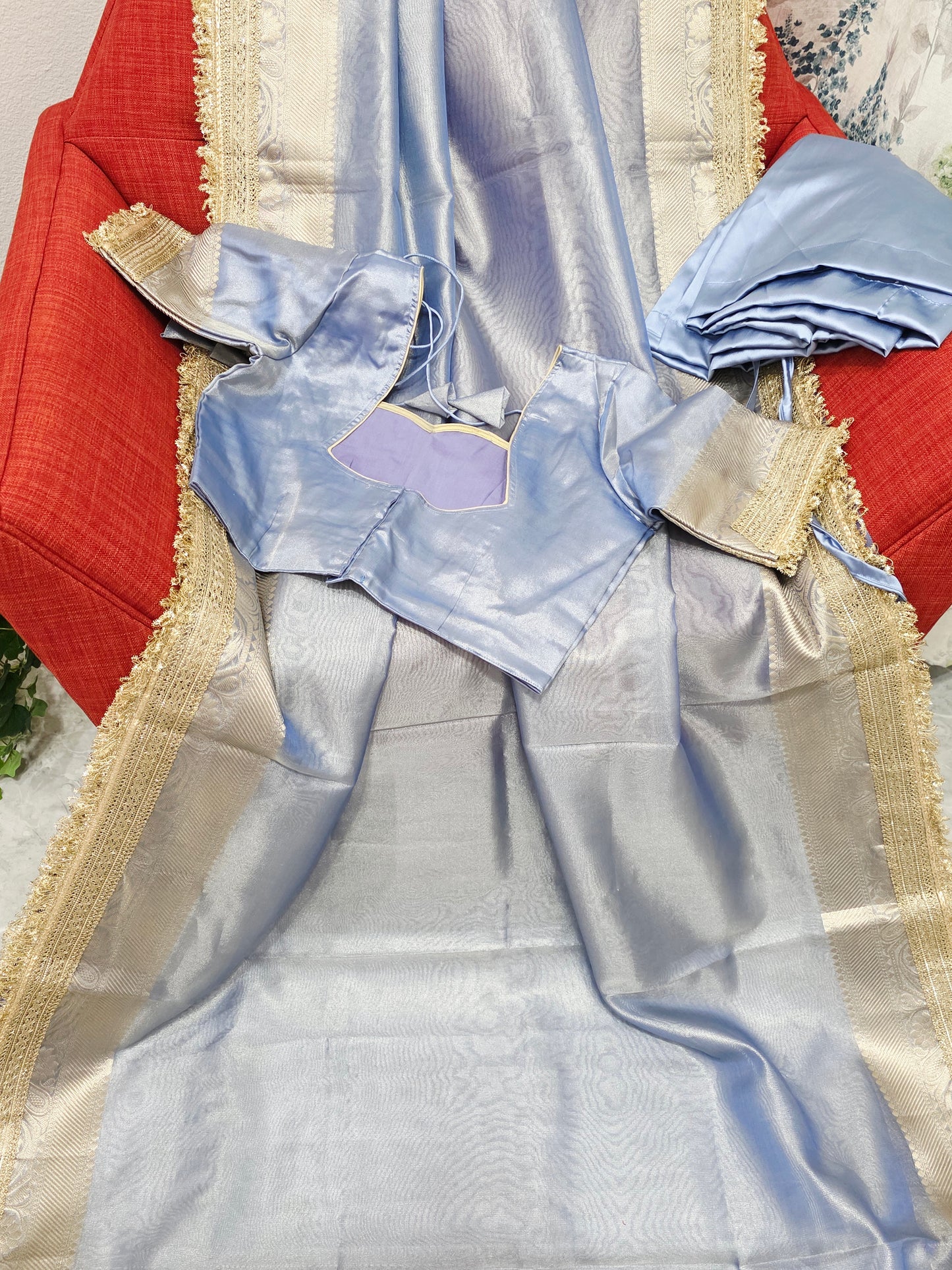 Maharani Style Powder Blue Semi Tissue Saree with Stitched Blouse & Satin Petticoat