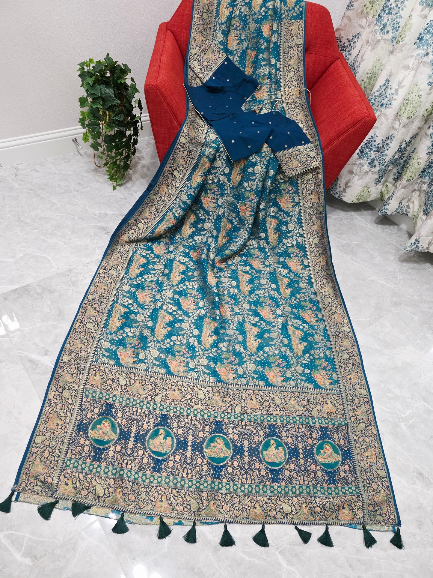 Teal Blue Jaal Pattern Mythological Radha Krishna Swing Design Saree with Stitched Blouse | Festive Wear