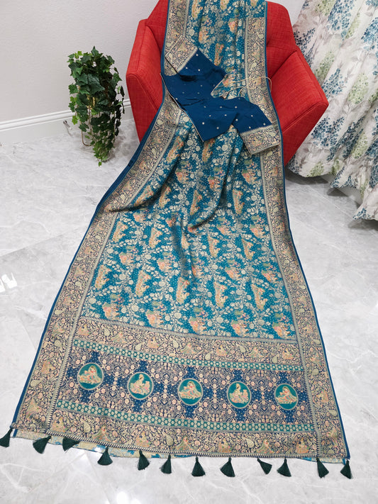 Teal Blue Jaal Pattern Mythological Radha Krishna Swing Design Saree with Stitched Blouse | Festive Wear