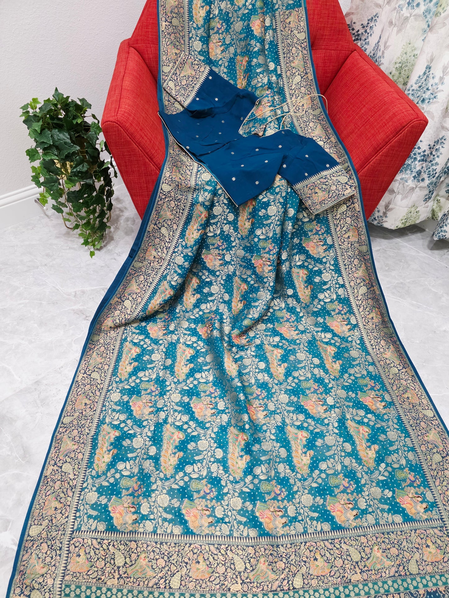 Teal Blue Jaal Pattern Mythological Radha Krishna Swing Design Saree with Stitched Blouse | Festive Wear