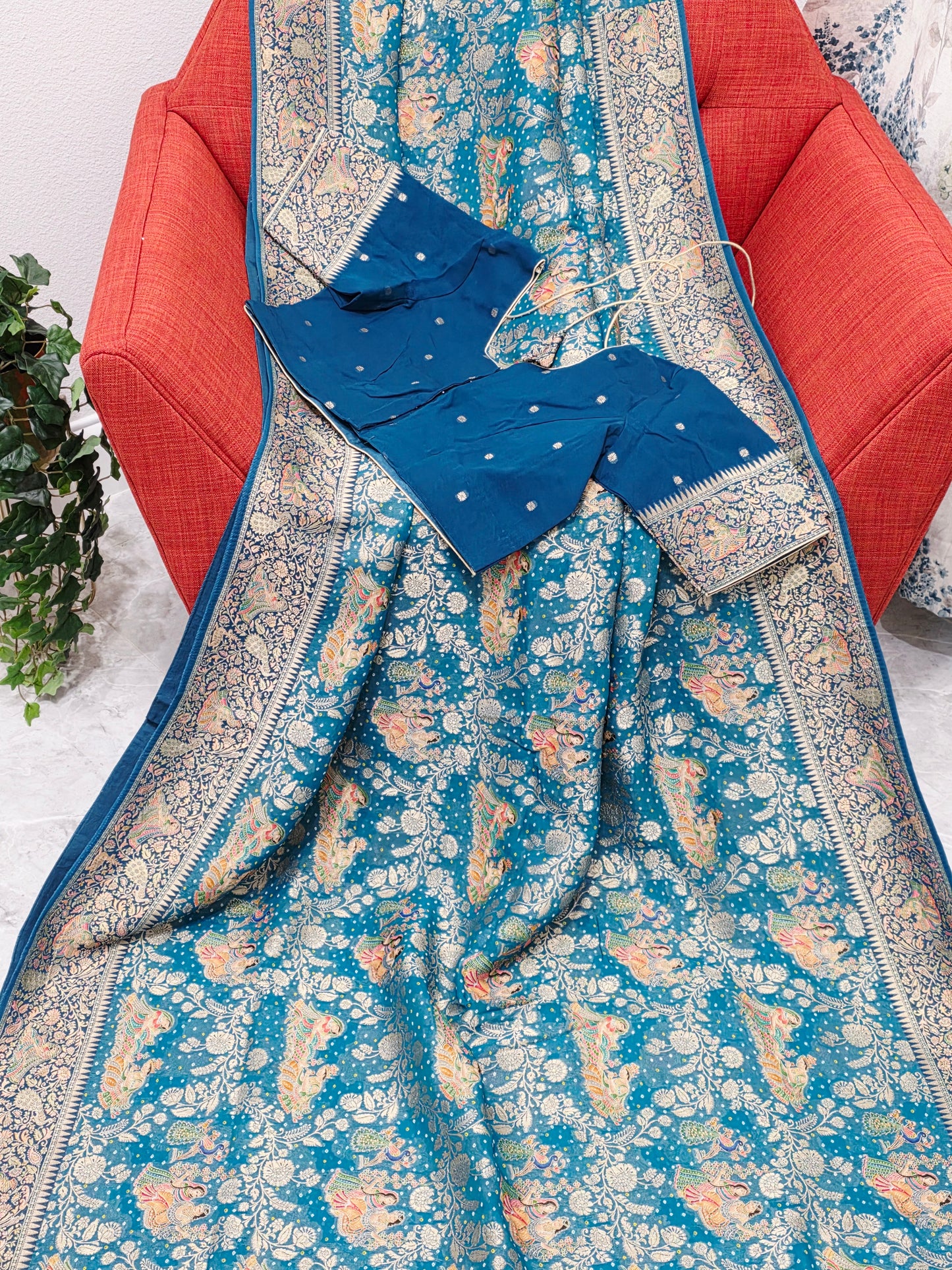 Teal Blue Jaal Pattern Mythological Radha Krishna Swing Design Saree with Stitched Blouse | Festive Wear