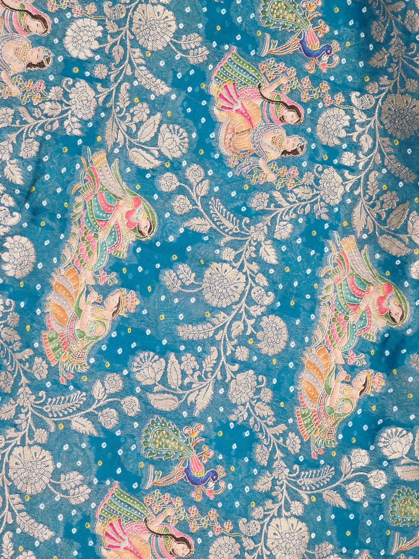 Teal Blue Jaal Pattern Mythological Radha Krishna Swing Design Saree with Stitched Blouse | Festive Wear