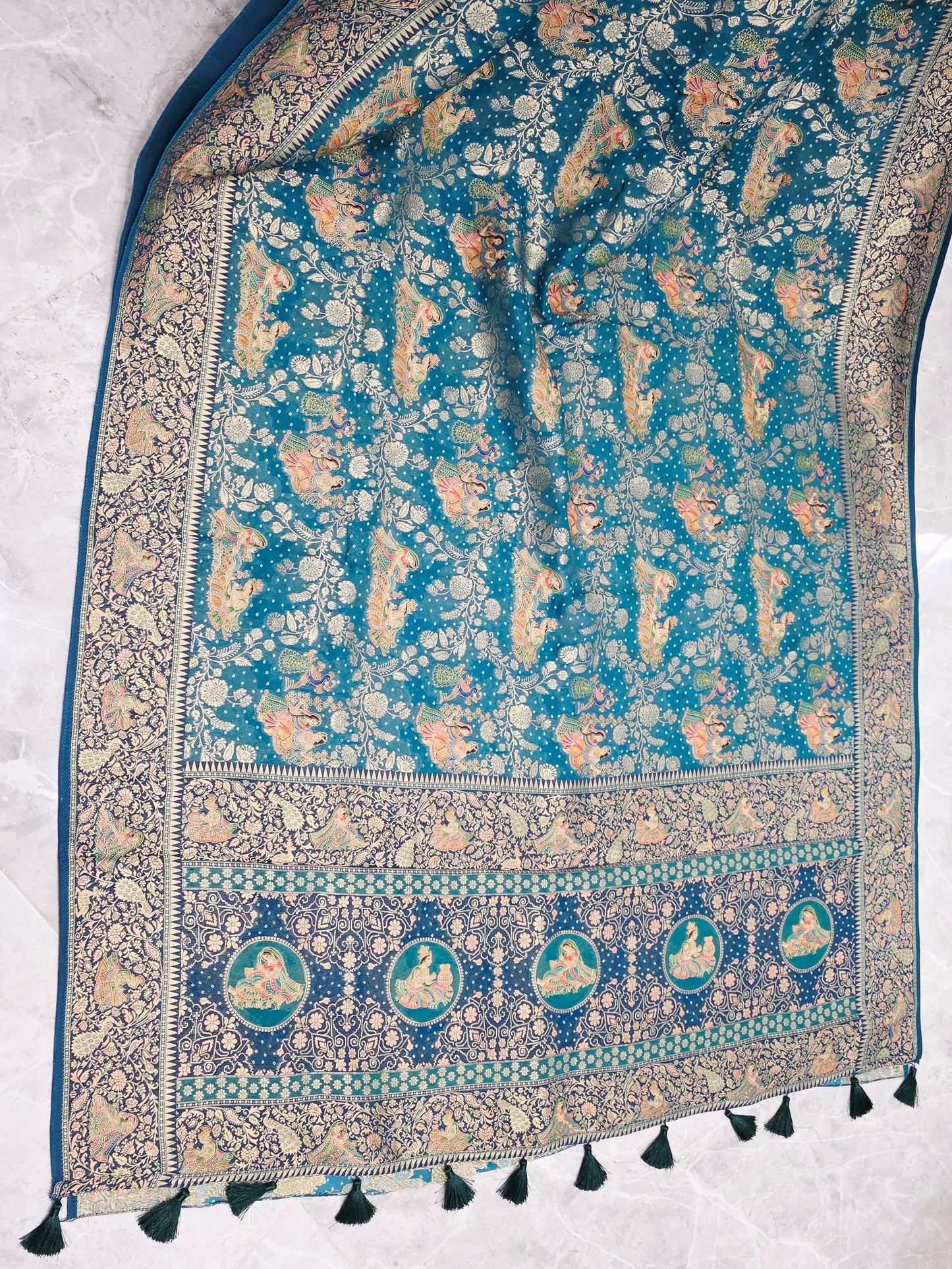 Teal Blue Jaal Pattern Mythological Radha Krishna Swing Design Saree with Stitched Blouse | Festive Wear