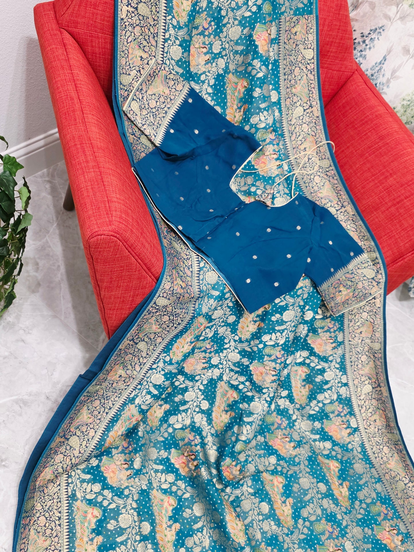 Teal Blue Jaal Pattern Mythological Radha Krishna Swing Design Saree with Stitched Blouse | Festive Wear