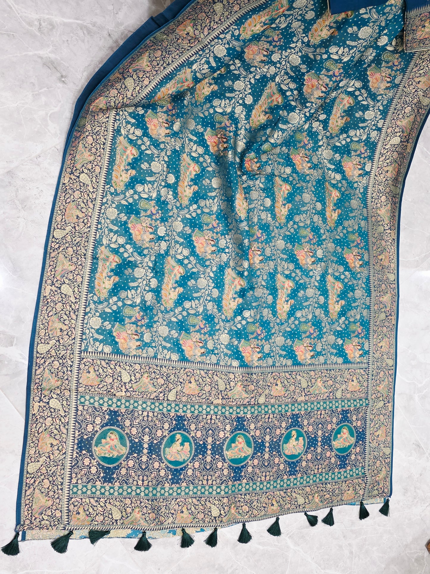 Teal Blue Jaal Pattern Mythological Radha Krishna Swing Design Saree with Stitched Blouse | Festive Wear
