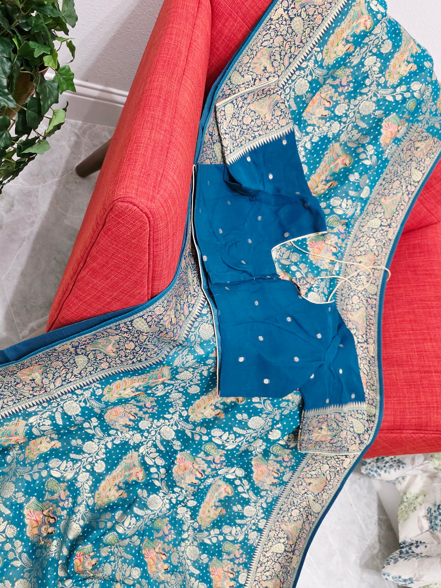 Teal Blue Jaal Pattern Mythological Radha Krishna Swing Design Saree with Stitched Blouse | Festive Wear