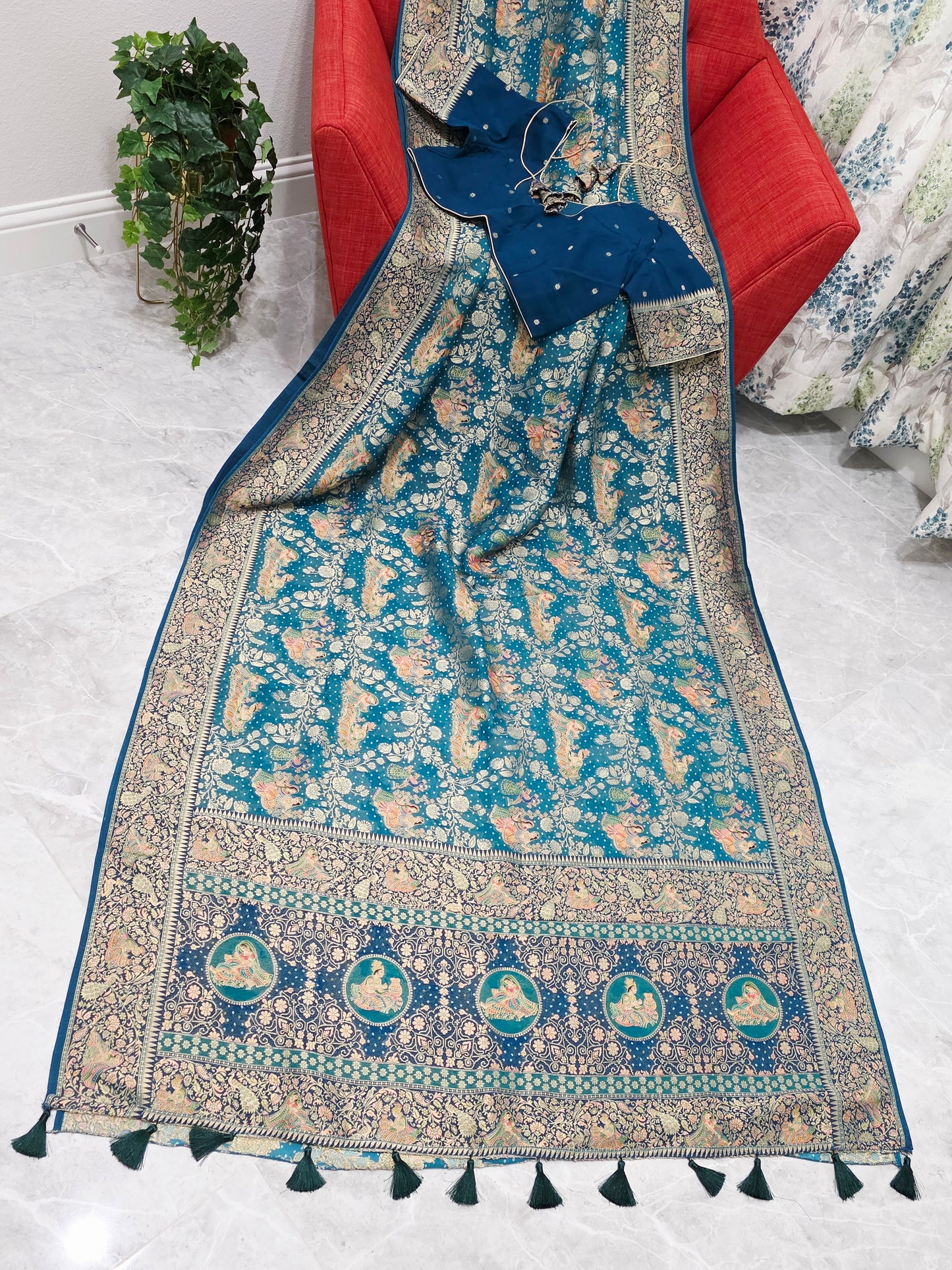 Teal Blue Jaal Pattern Mythological Radha Krishna Swing Design Saree with Stitched Blouse | Festive Wear