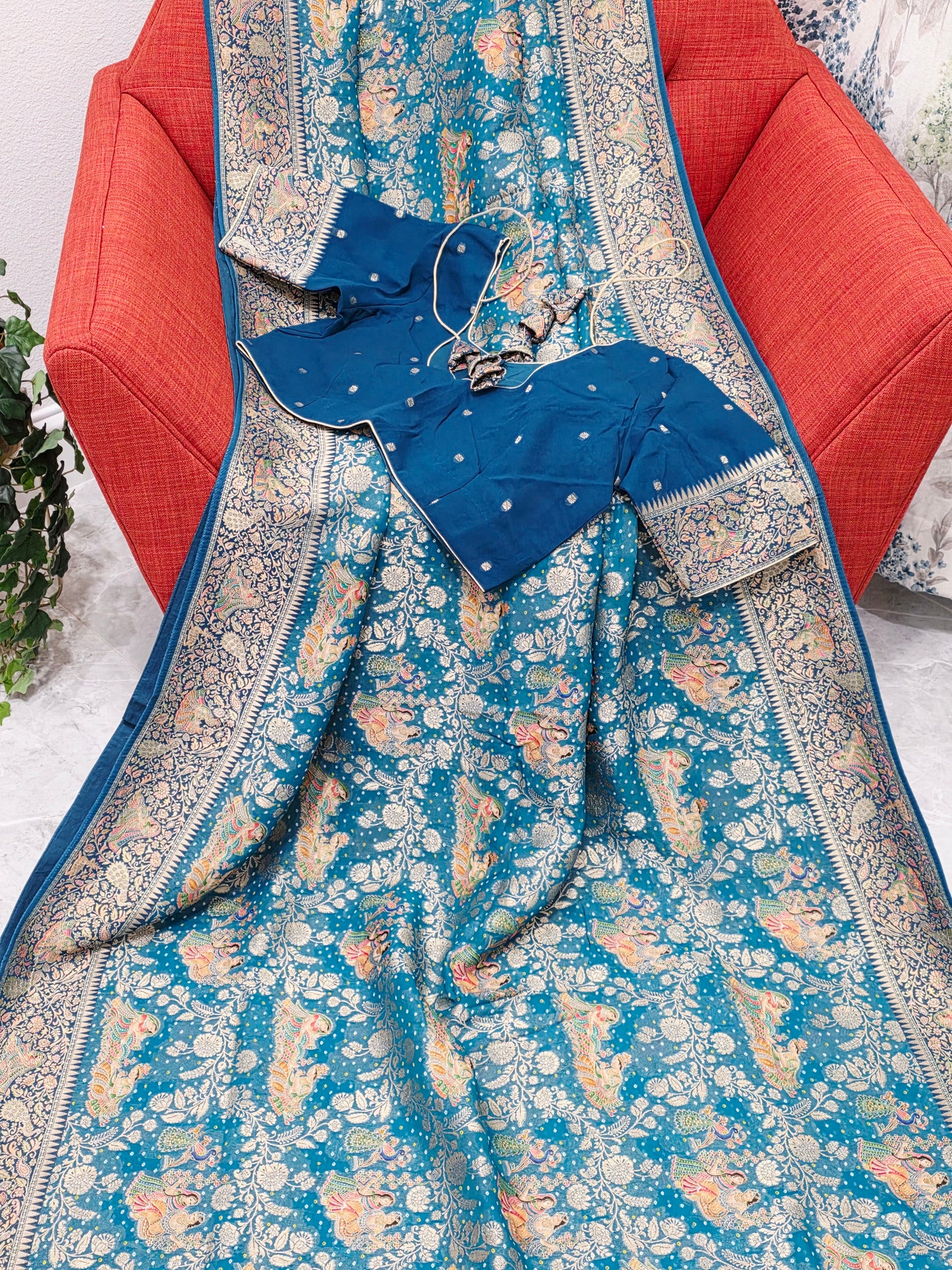 Teal Blue Jaal Pattern Mythological Radha Krishna Swing Design Saree with Stitched Blouse | Festive Wear