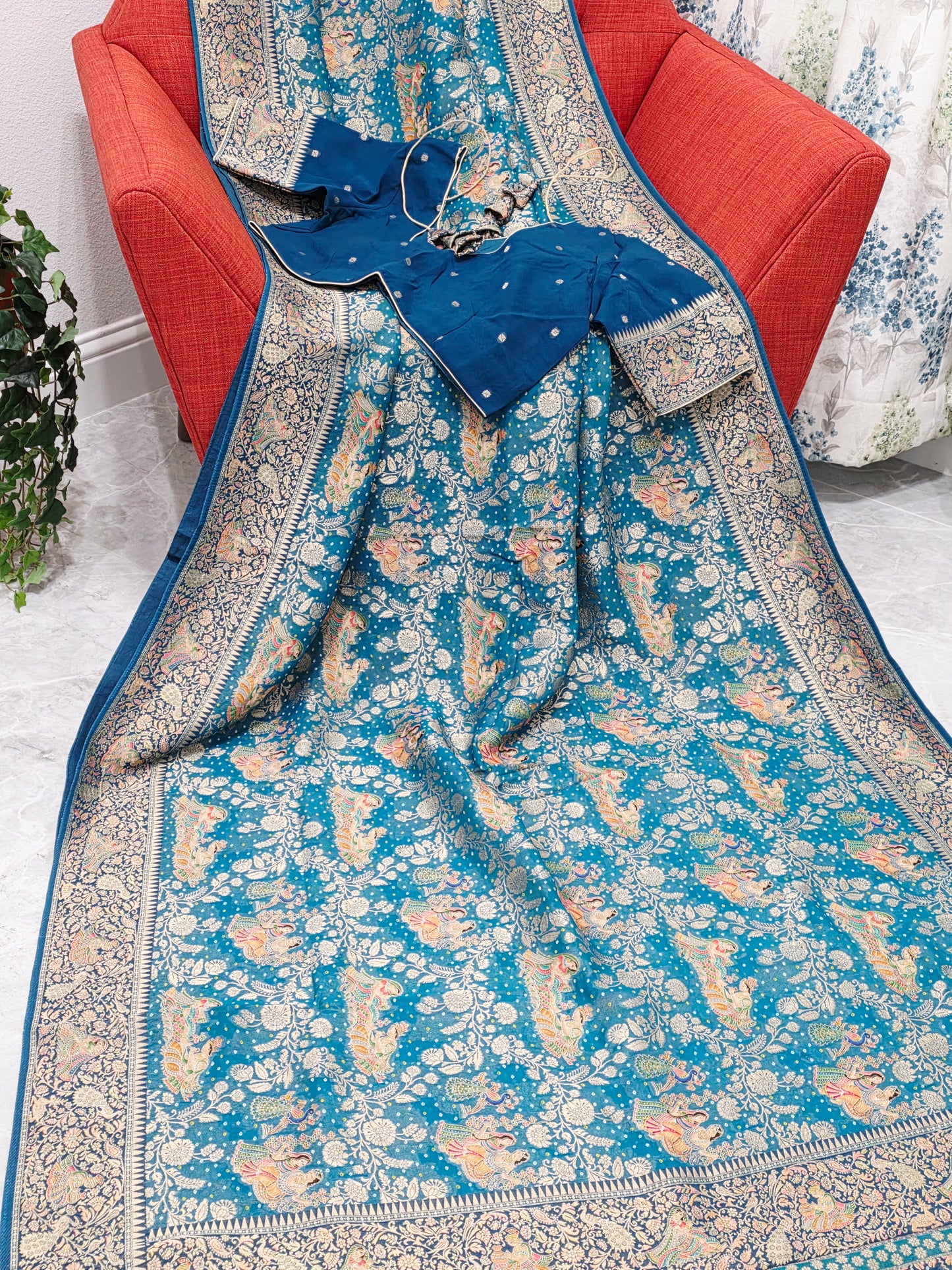 Teal Blue Jaal Pattern Mythological Radha Krishna Swing Design Saree with Stitched Blouse | Festive Wear