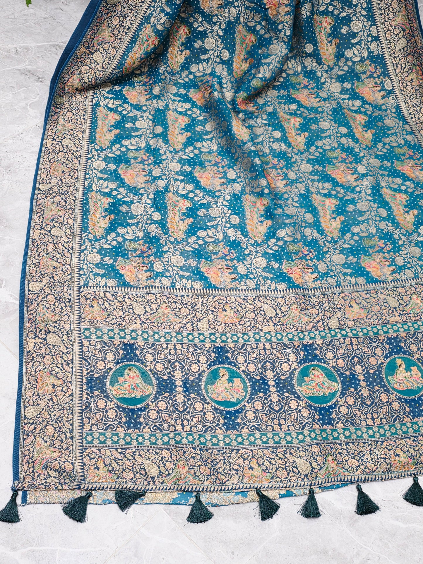 Teal Blue Jaal Pattern Mythological Radha Krishna Swing Design Saree with Stitched Blouse | Festive Wear