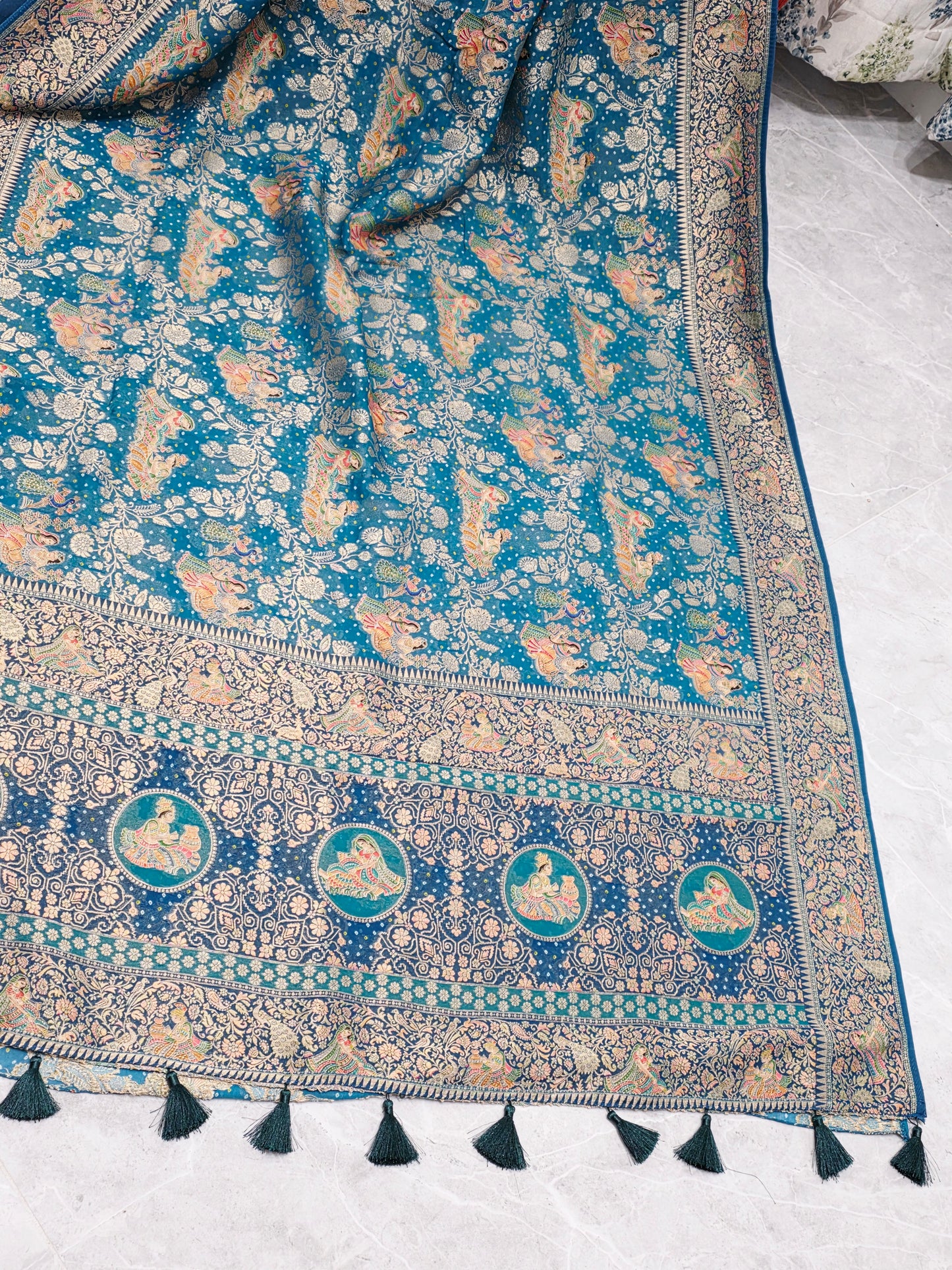 Teal Blue Jaal Pattern Mythological Radha Krishna Swing Design Saree with Stitched Blouse | Festive Wear