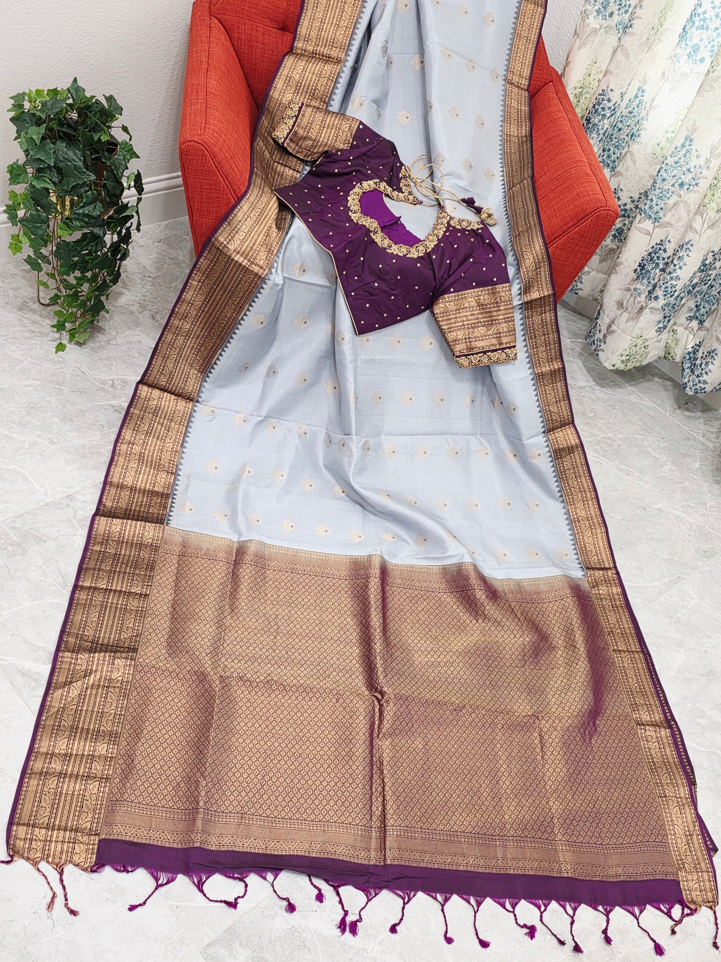 Pure Kanchi Soft Saree in Elegant Grey with Rich Zari Border & Handwork Maggam Stitched Blouse