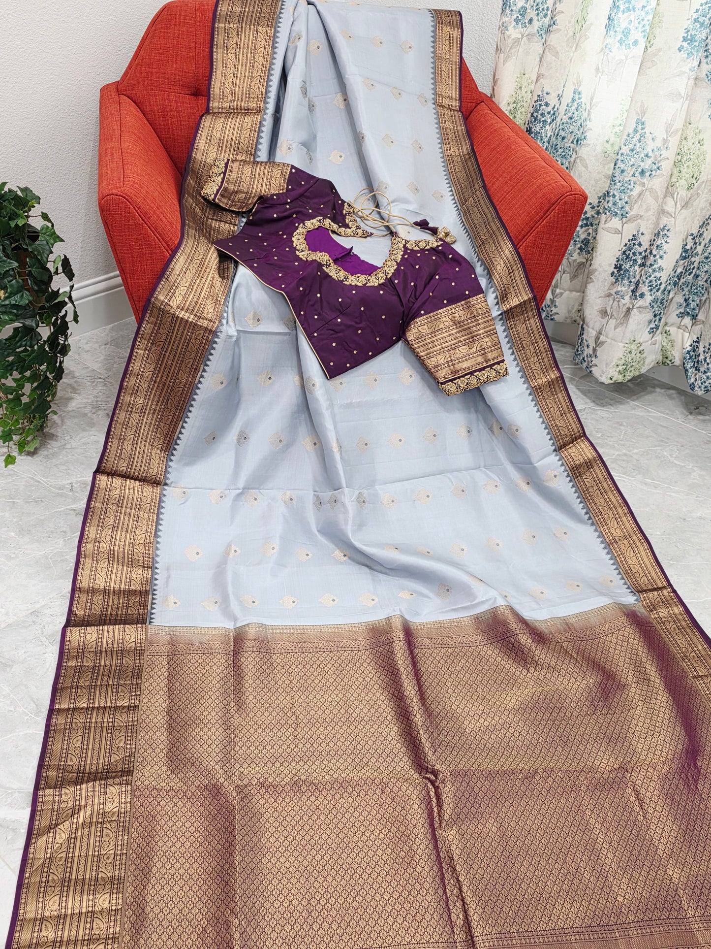 Pure Kanchi Soft Saree in Elegant Grey with Rich Zari Border & Handwork Maggam Stitched Blouse