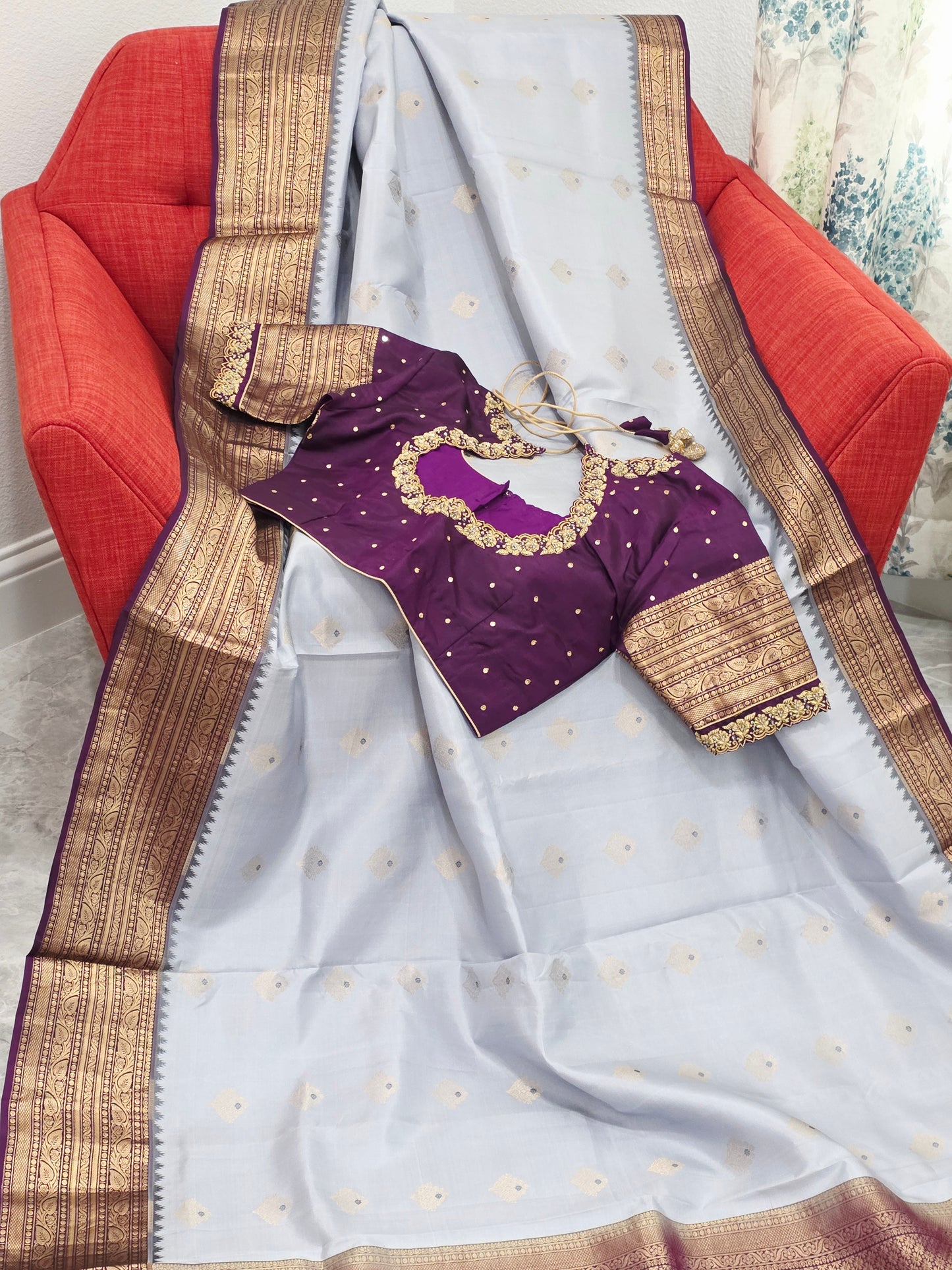 Pure Kanchi Soft Saree in Elegant Grey with Rich Zari Border & Handwork Maggam Stitched Blouse