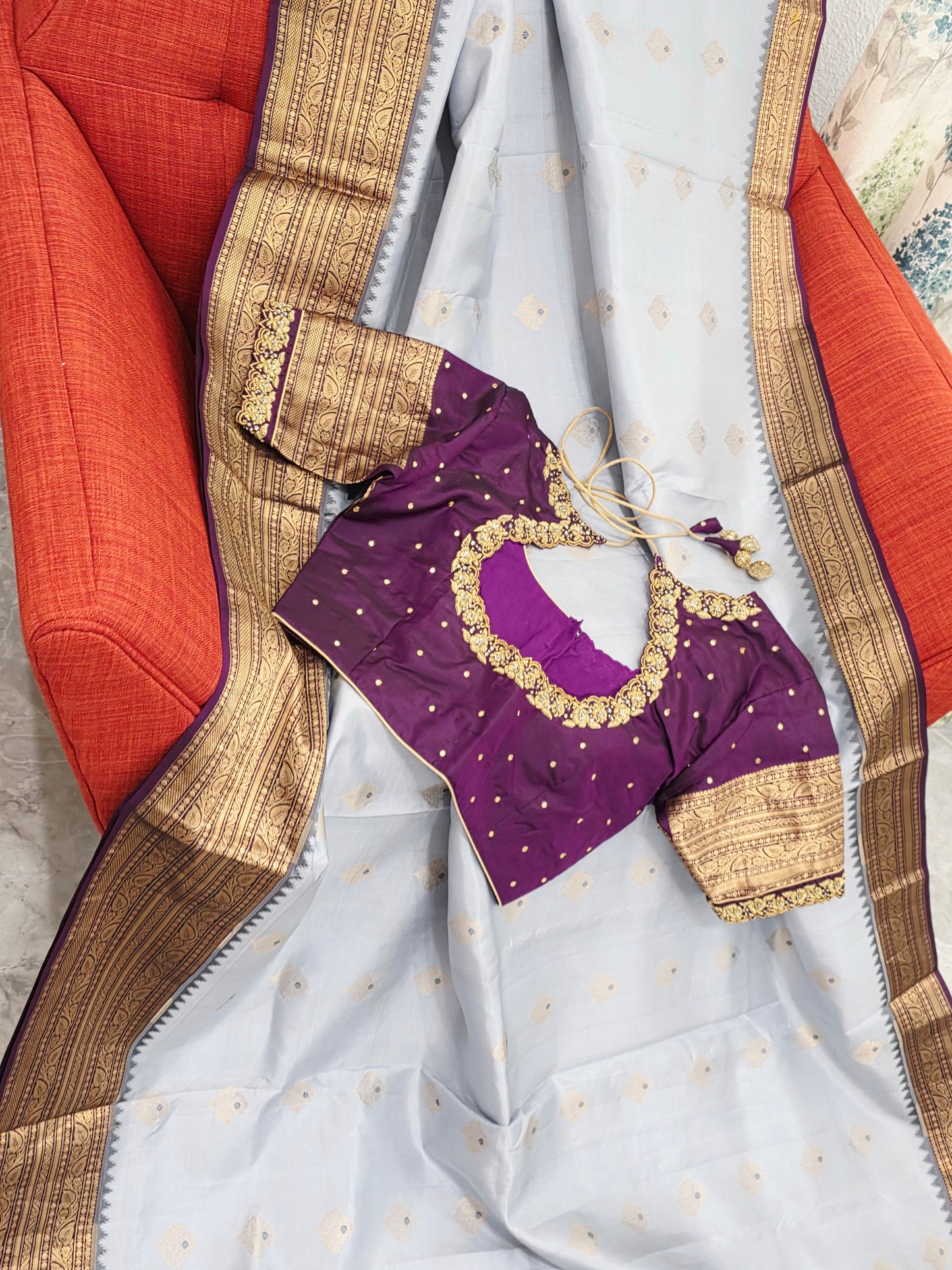 Pure Kanchi Soft Saree in Elegant Grey with Rich Zari Border & Handwork Maggam Stitched Blouse