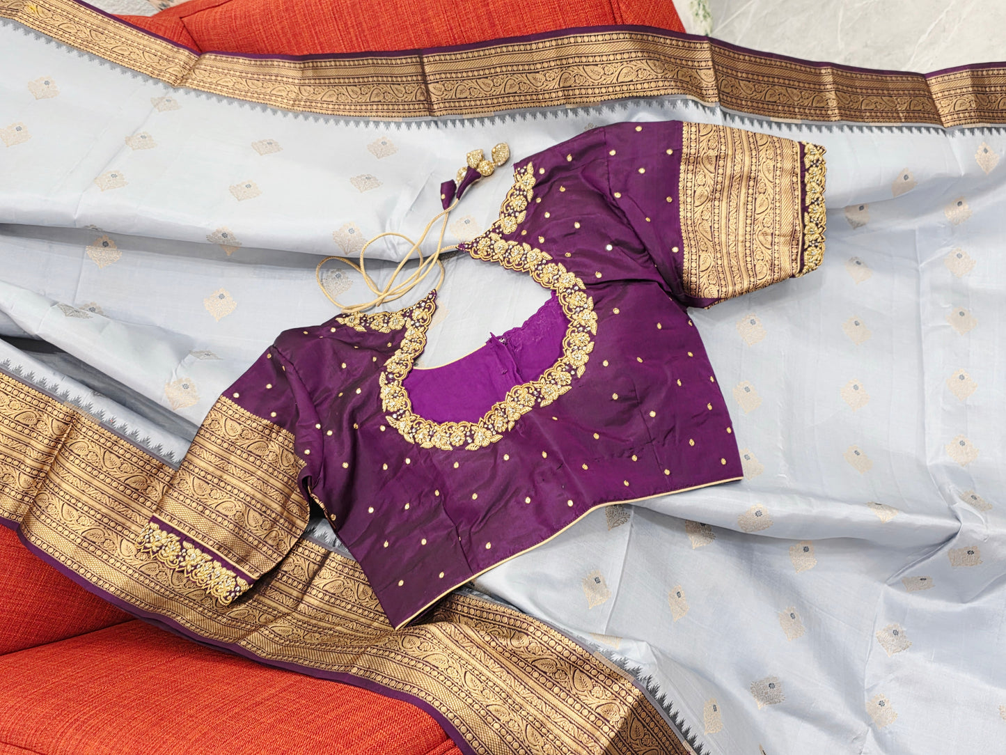 Pure Kanchi Soft Saree in Elegant Grey with Rich Zari Border & Handwork Maggam Stitched Blouse