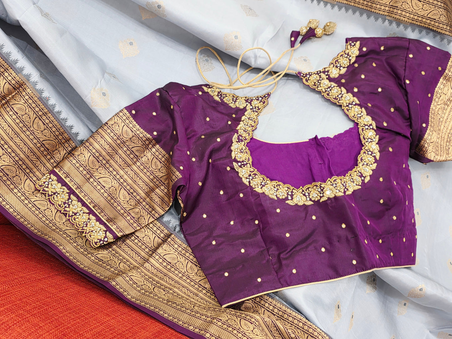 Pure Kanchi Soft Saree in Elegant Grey with Rich Zari Border & Handwork Maggam Stitched Blouse