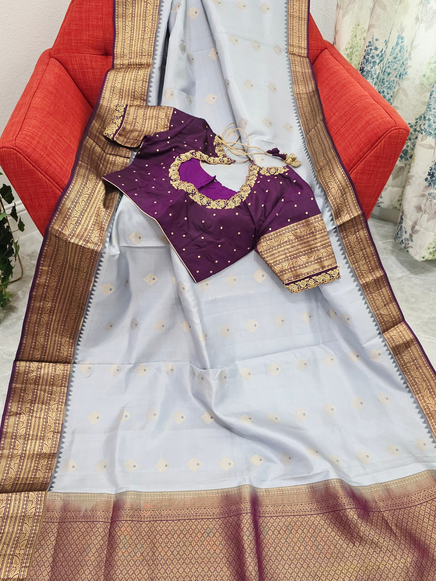 Pure Kanchi Soft Saree in Elegant Grey with Rich Zari Border & Handwork Maggam Stitched Blouse