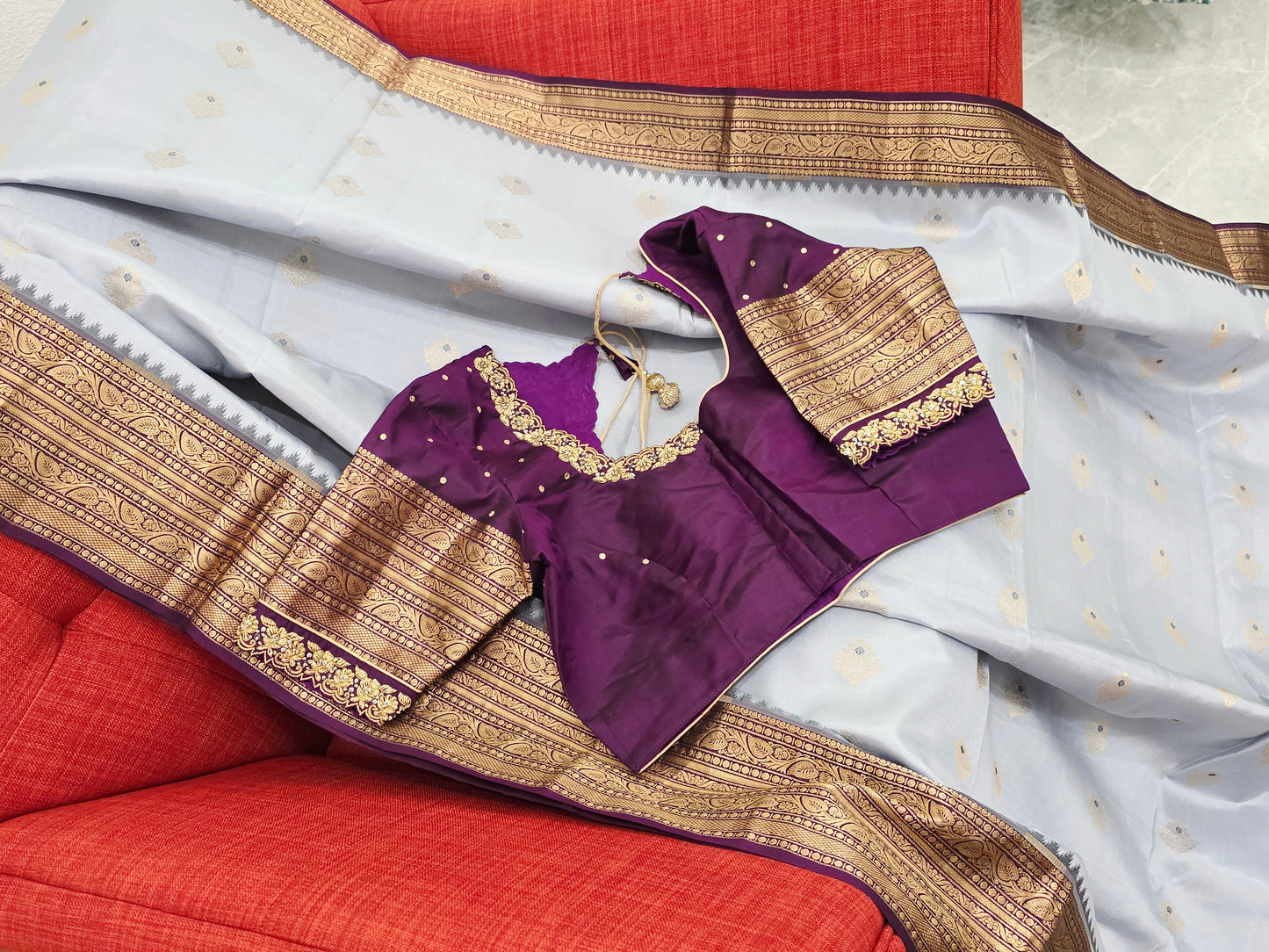 Pure Kanchi Soft Saree in Elegant Grey with Rich Zari Border & Handwork Maggam Stitched Blouse
