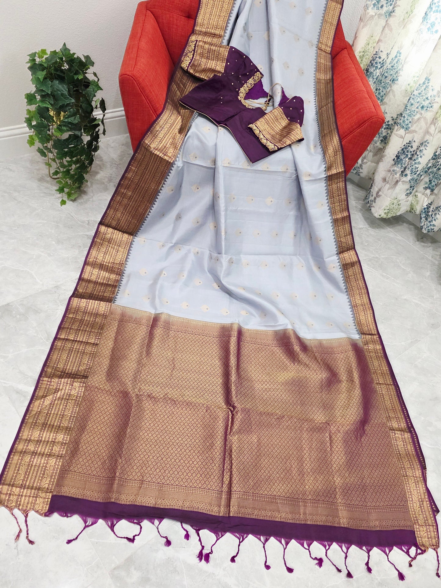 Pure Kanchi Soft Saree in Elegant Grey with Rich Zari Border & Handwork Maggam Stitched Blouse