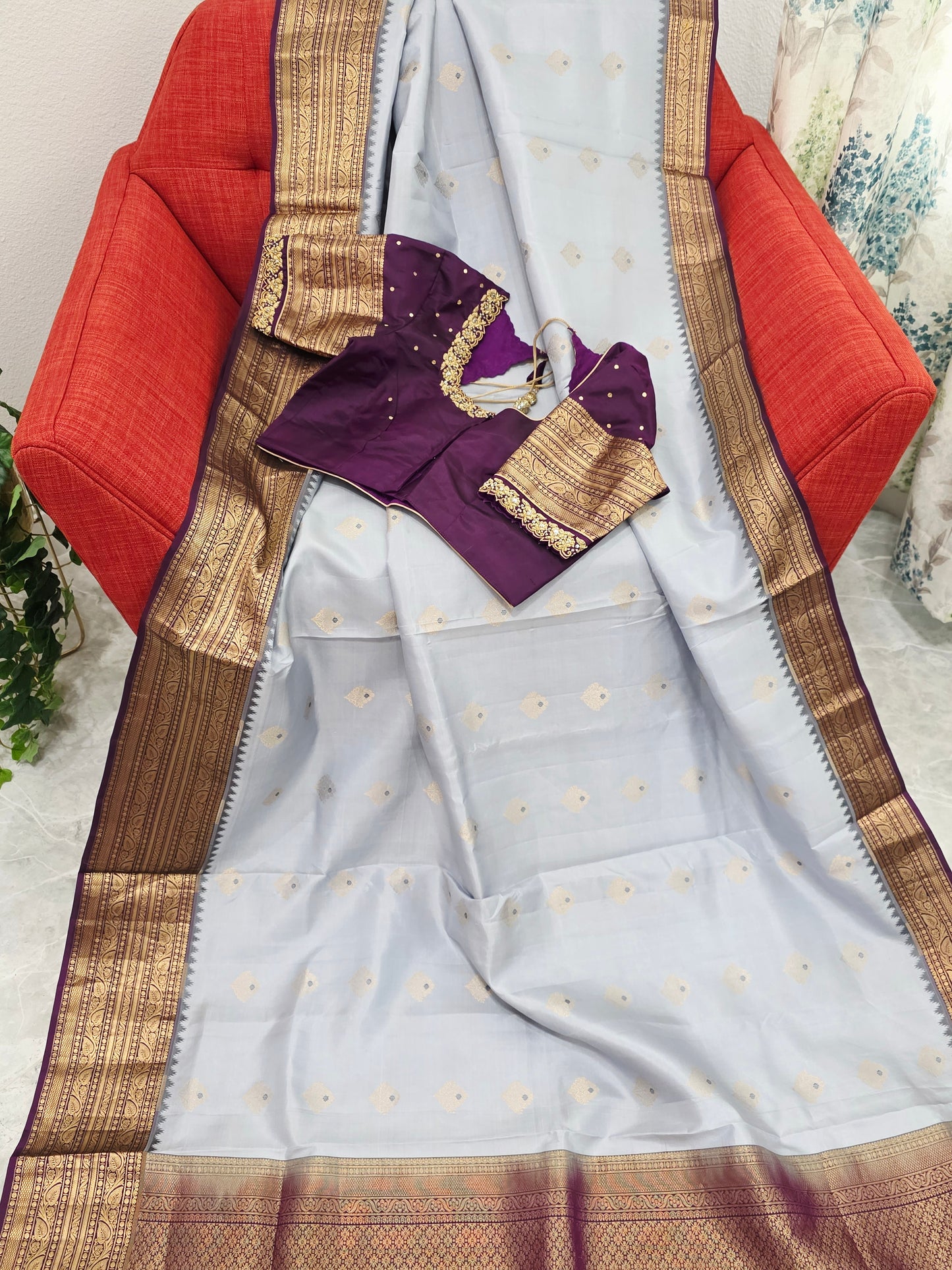 Pure Kanchi Soft Saree in Elegant Grey with Rich Zari Border & Handwork Maggam Stitched Blouse