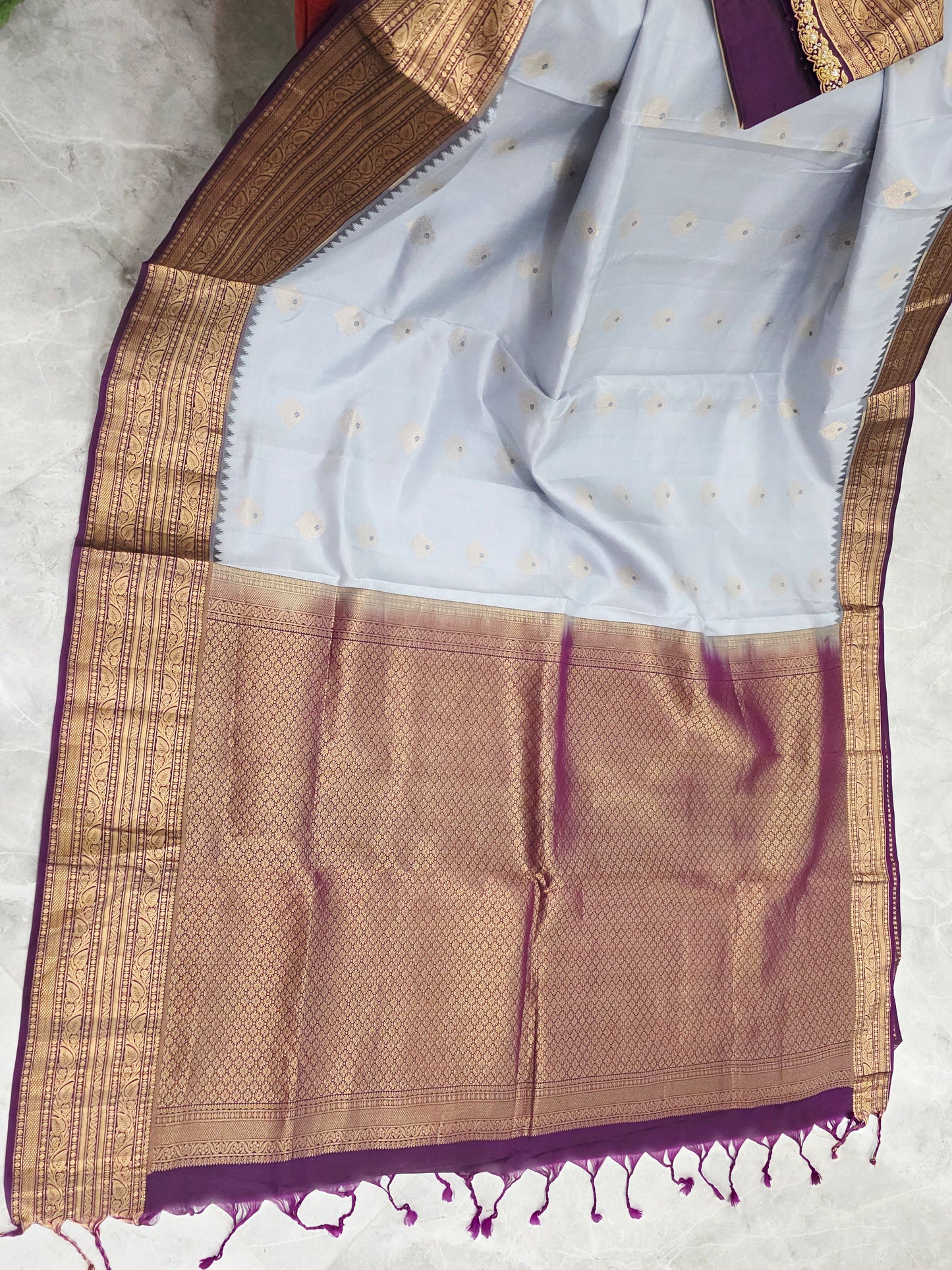 Pure Kanchi Soft Saree in Elegant Grey with Rich Zari Border & Handwork Maggam Stitched Blouse