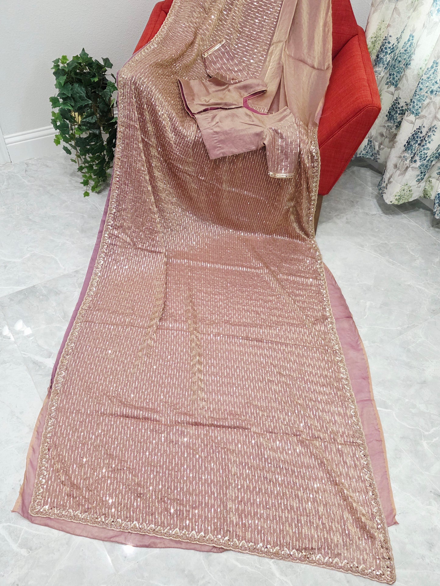 Soft Tissue Space Silk Rose Gold Sequin Saree with Stitched Blouse | Cocktail Party Wear