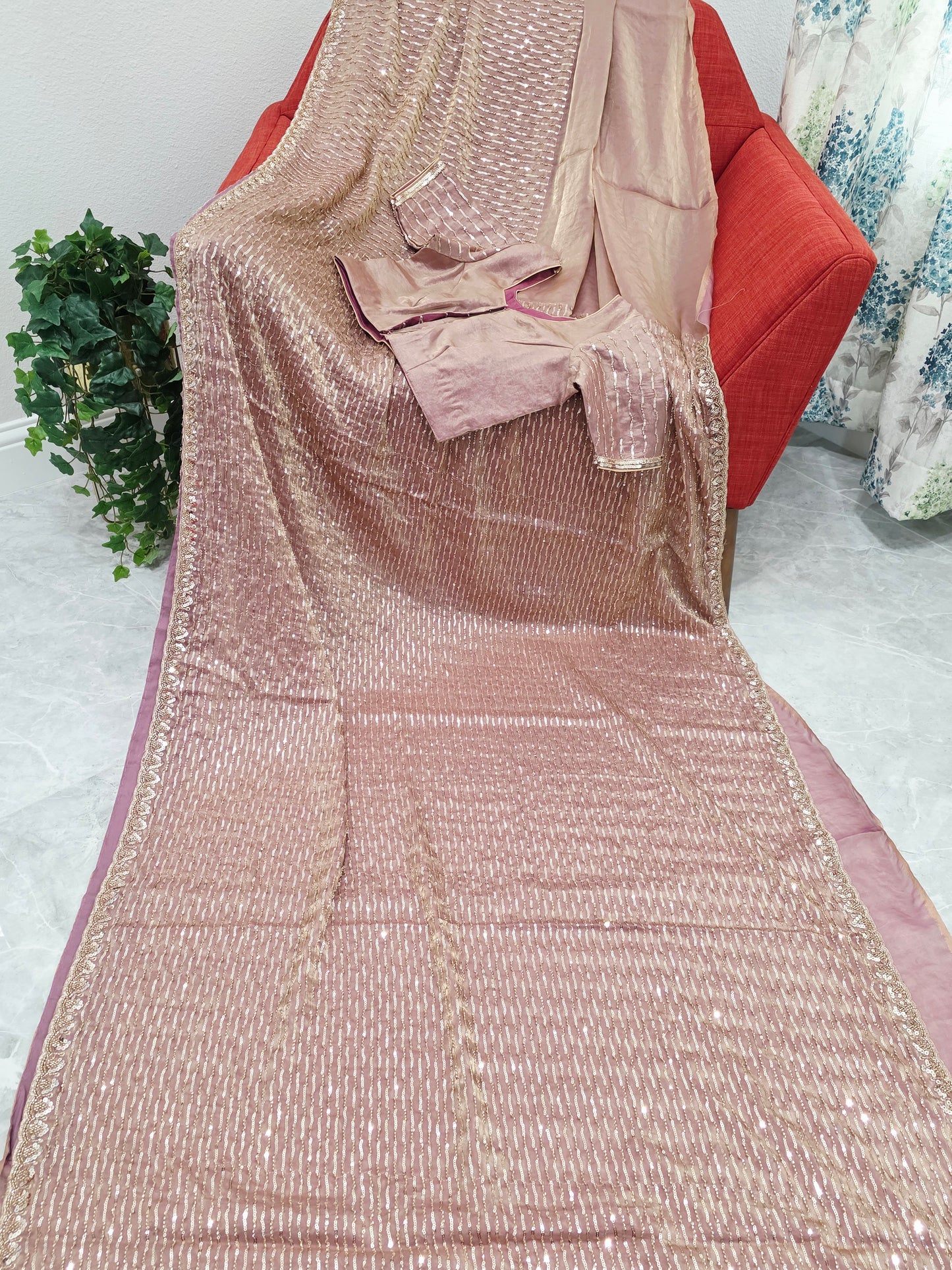 Soft Tissue Space Silk Rose Gold Sequin Saree with Stitched Blouse | Cocktail Party Wear