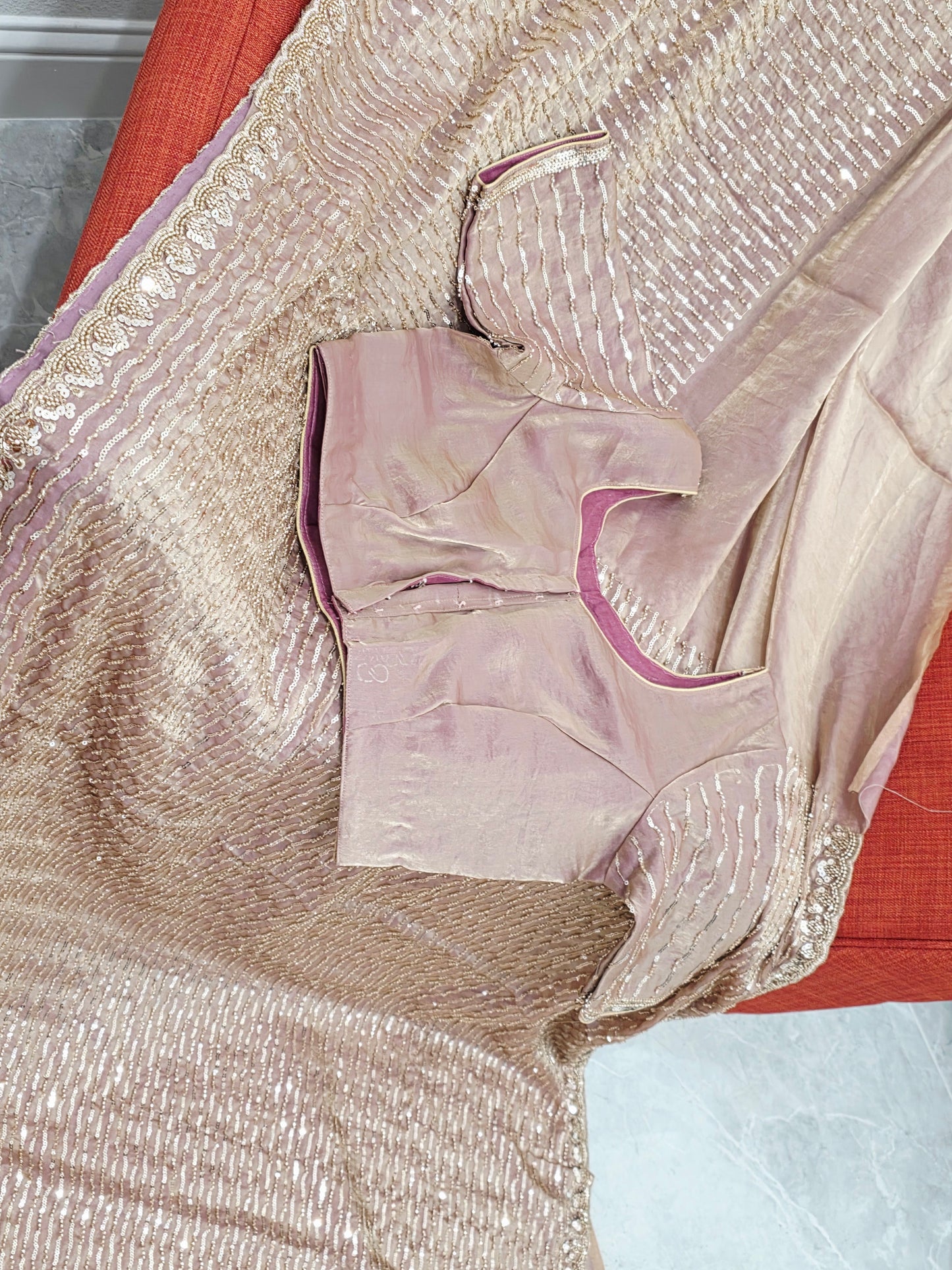 Soft Tissue Space Silk Rose Gold Sequin Saree with Stitched Blouse | Cocktail Party Wear