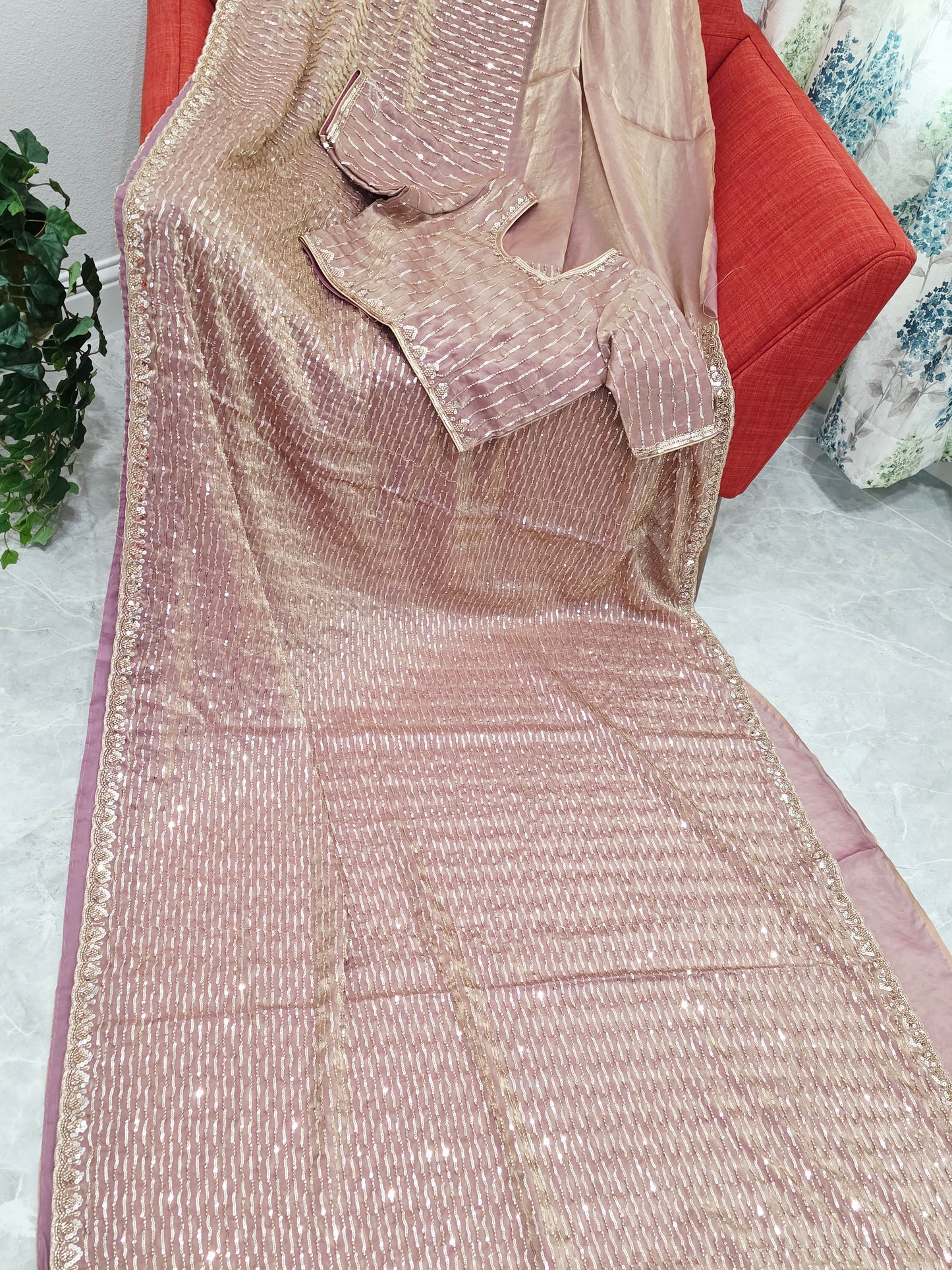 Soft Tissue Space Silk Rose Gold Sequin Saree with Stitched Blouse | Cocktail Party Wear