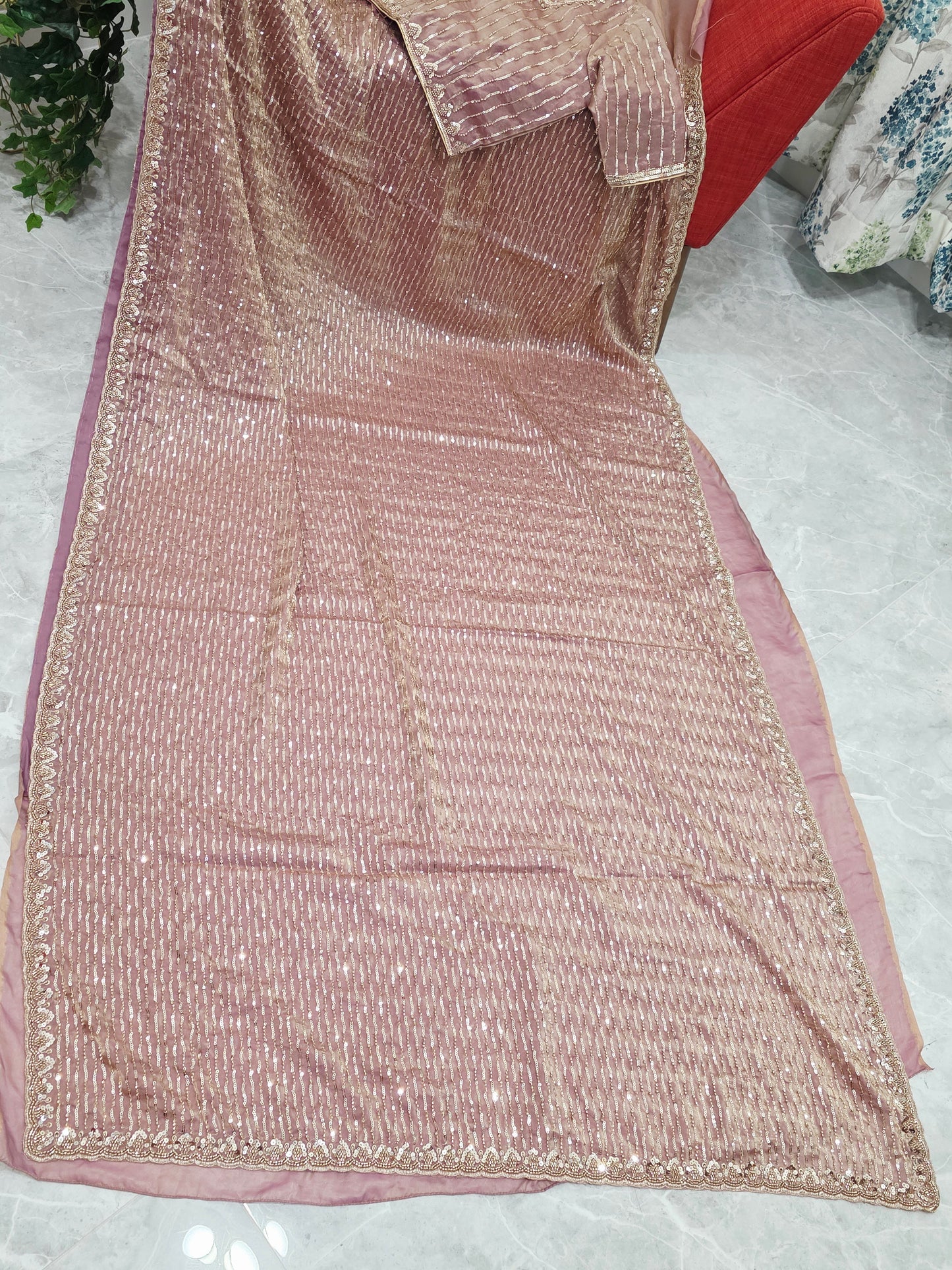 Soft Tissue Space Silk Rose Gold Sequin Saree with Stitched Blouse | Cocktail Party Wear