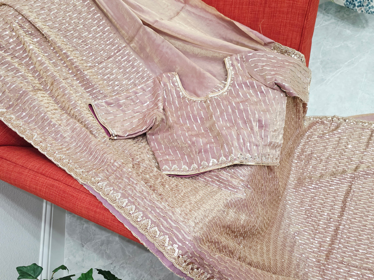 Soft Tissue Space Silk Rose Gold Sequin Saree with Stitched Blouse | Cocktail Party Wear