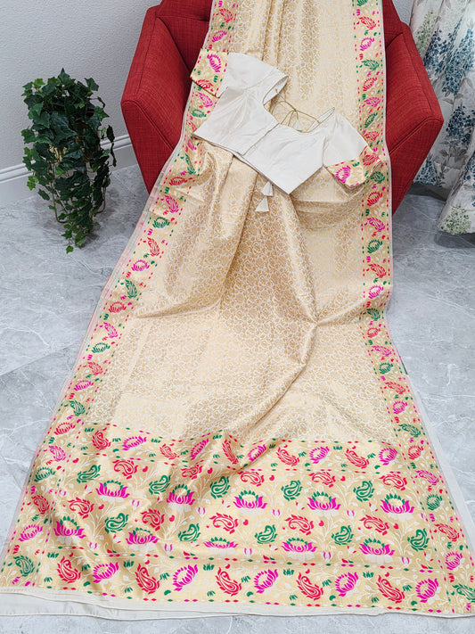 Brocade Banarasi Soft Silk Saree with Paithani Floral Border & Stitched Blouse