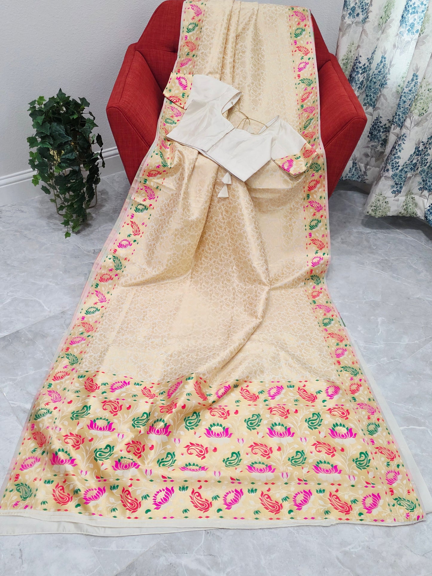Brocade Banarasi Soft Silk Saree with Paithani Floral Border & Stitched Blouse