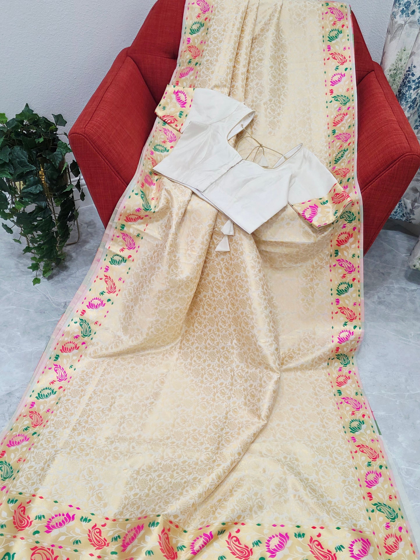Brocade Banarasi Soft Silk Saree with Paithani Floral Border & Stitched Blouse