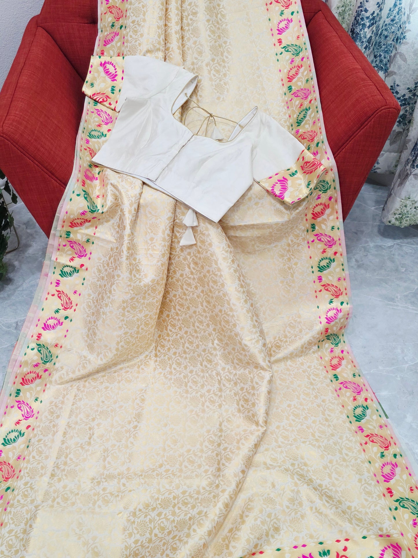 Brocade Banarasi Soft Silk Saree with Paithani Floral Border & Stitched Blouse