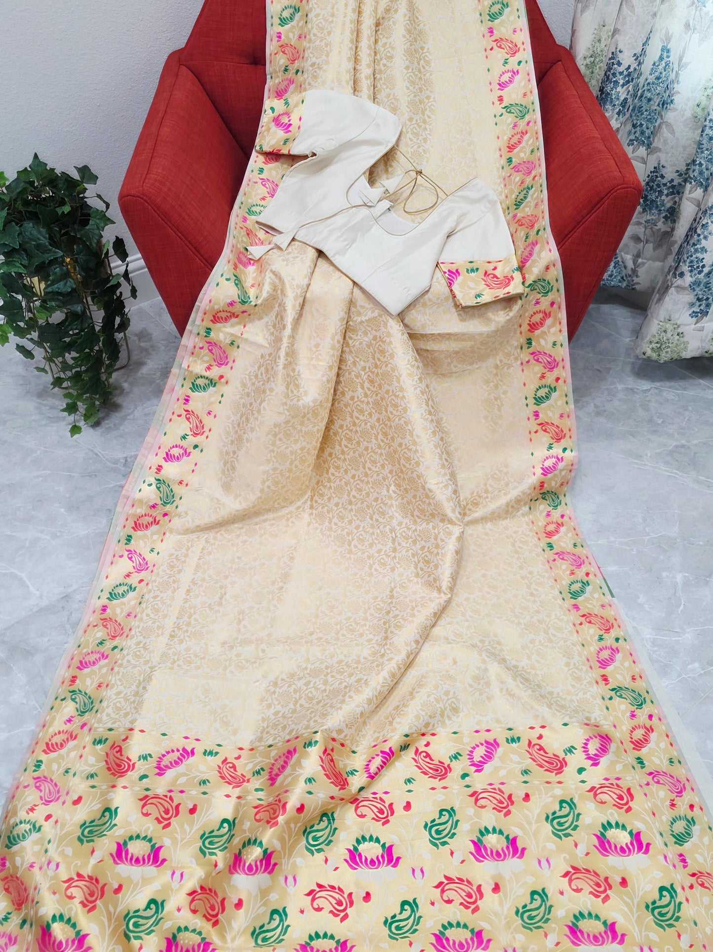 Brocade Banarasi Soft Silk Saree with Paithani Floral Border & Stitched Blouse